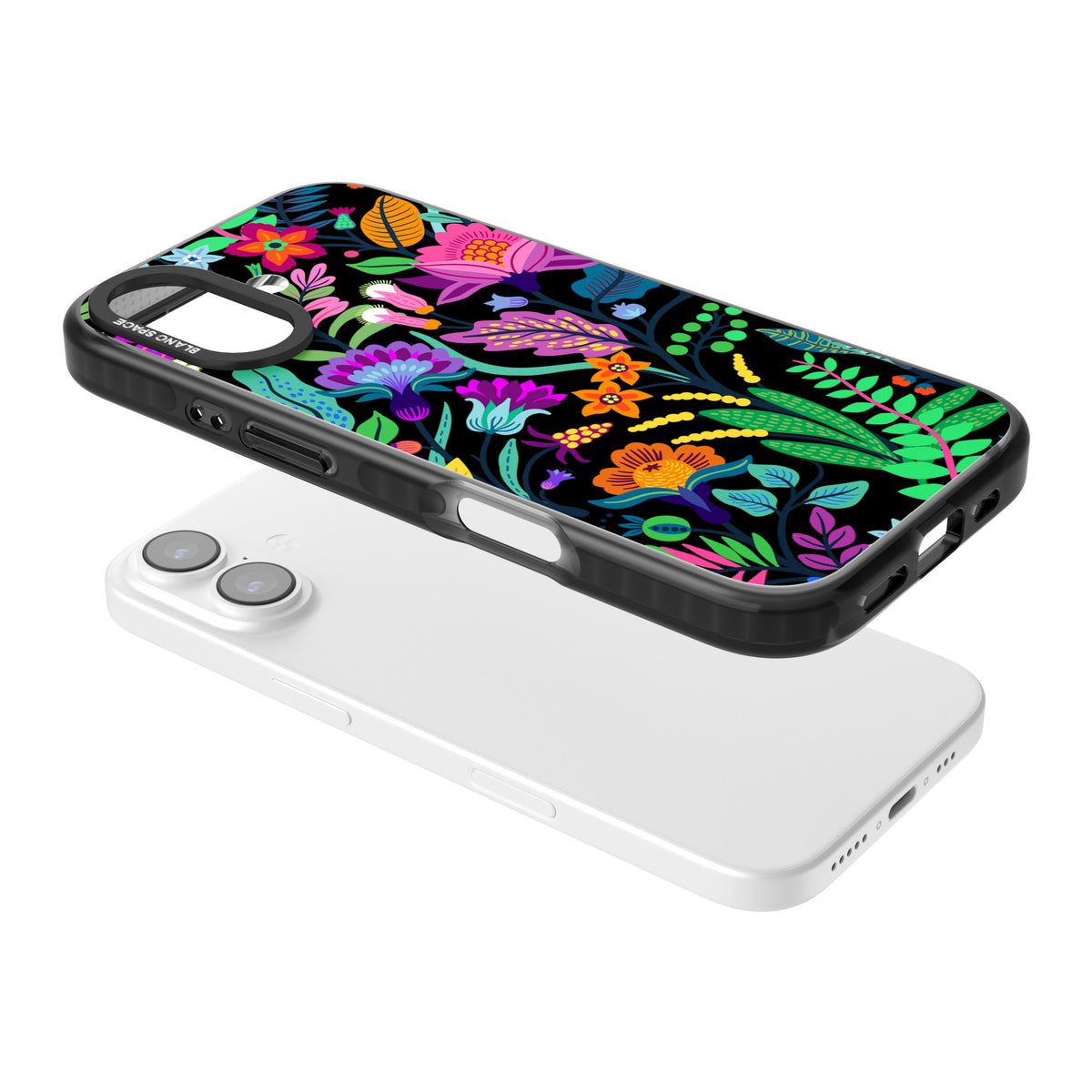 Floral Vibe (Black) iPhone 16 / iPhone 16 Plus / iPhone 17 Impact Black Phone Case angled