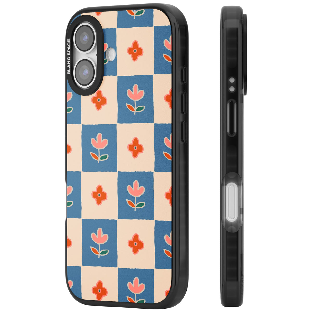 Vintage Bloom Checkered iPhone 16 / iPhone 16 Plus / iPhone 17 Impact Black Phone Case side