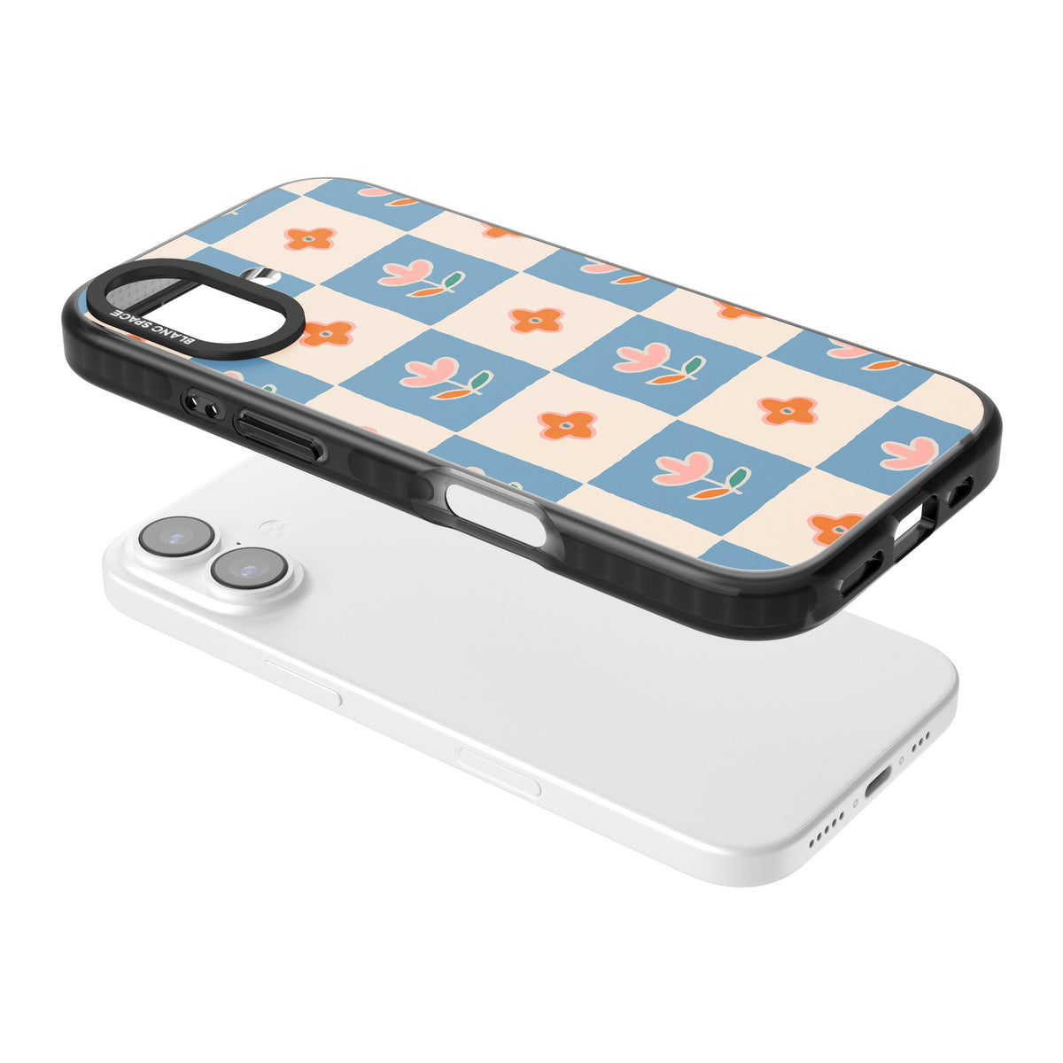 Vintage Bloom Checkered iPhone 16 / iPhone 16 Plus / iPhone 17 Impact Black Phone Case angled