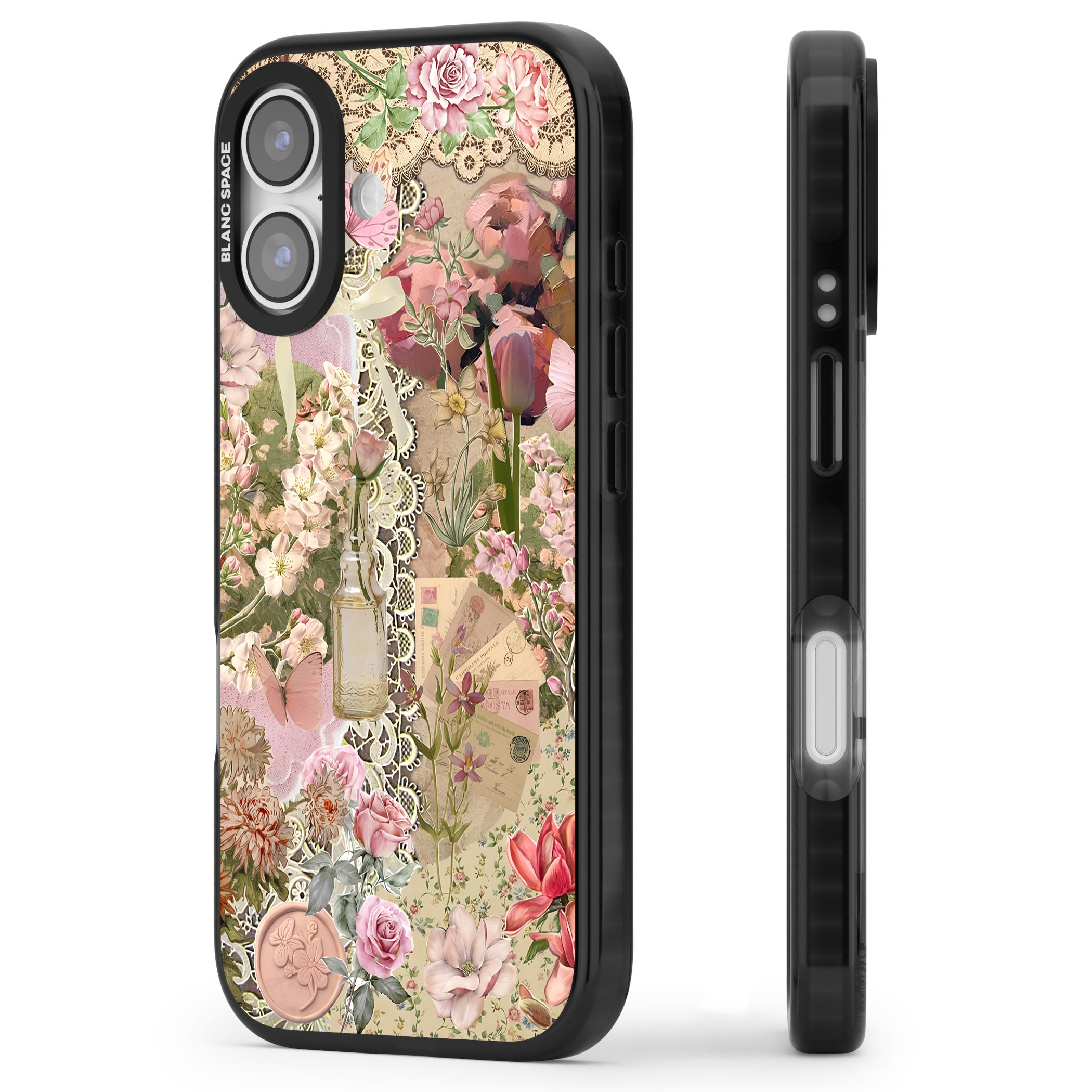 Soft Pink Flower Collage iPhone 17 Impact Black Phone Case Side Profile