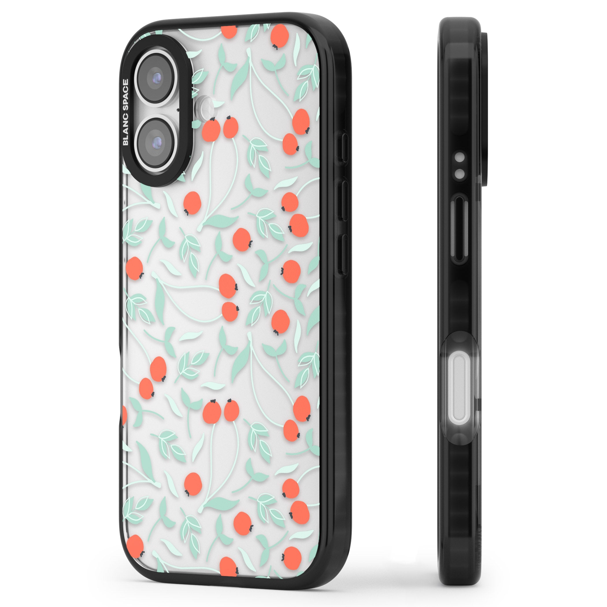 Red Berries Floral iPhone 17 Impact Black Phone Case Side Profile
