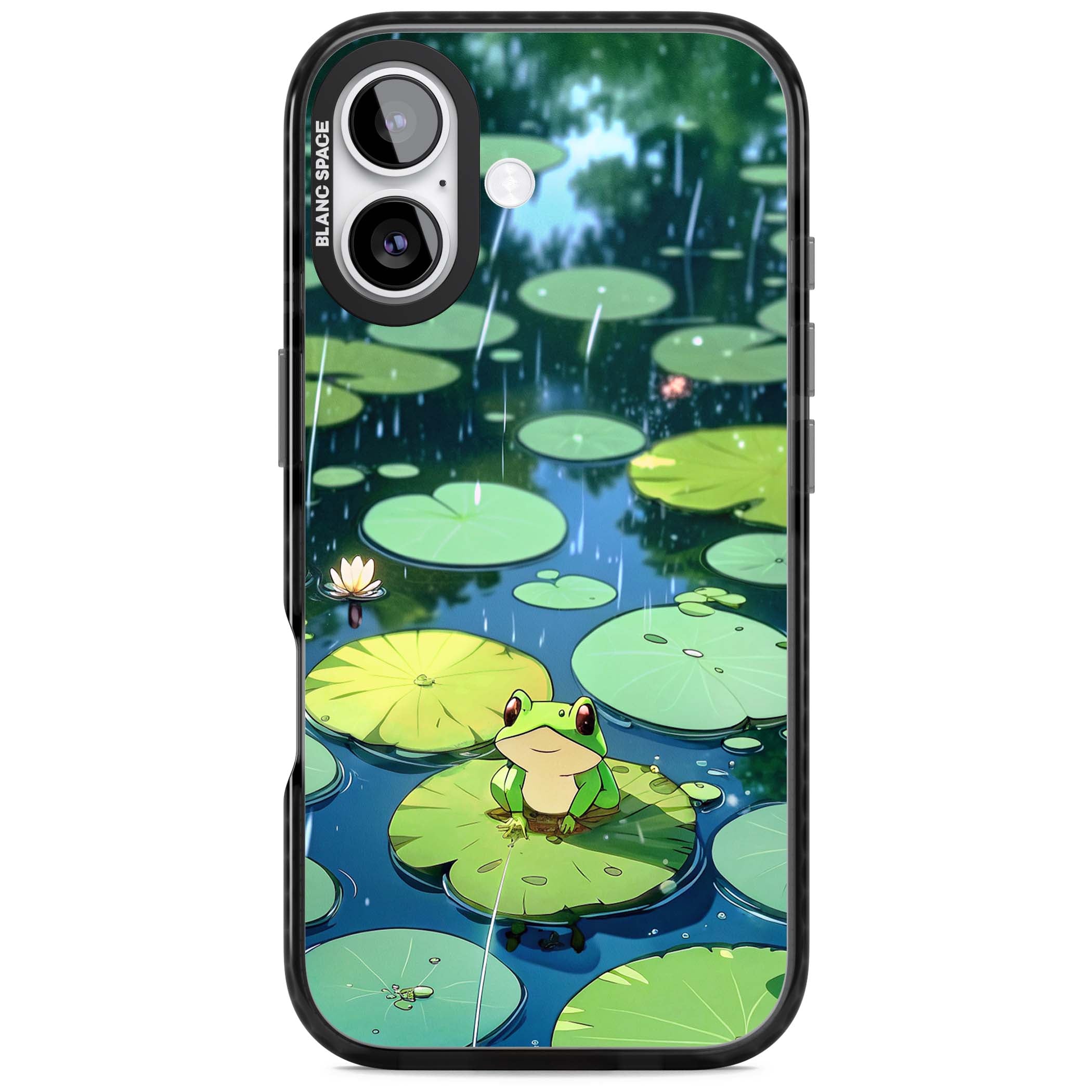 Frog In Lily Pond cottagecore iPhone case featuring a cute green frog on a lily pad with falling rain and a lotus flower | Clear Impact case for iPhone 17