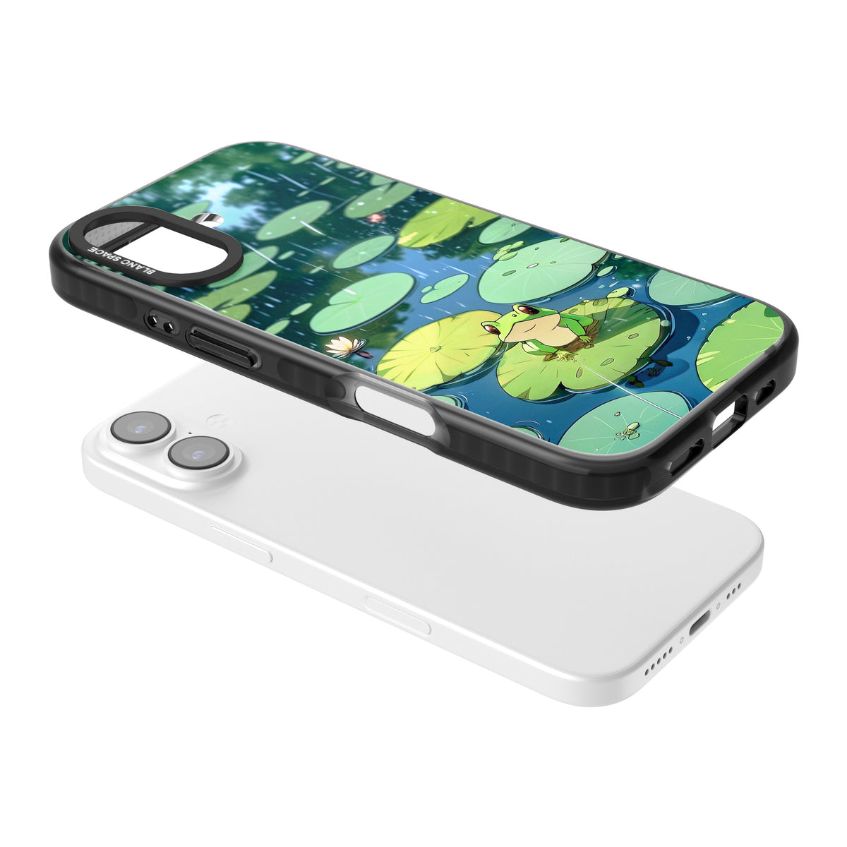 Frog In Lily Pond iPhone 16 / iPhone 16 Plus / iPhone 17 Impact Black Phone Case angled