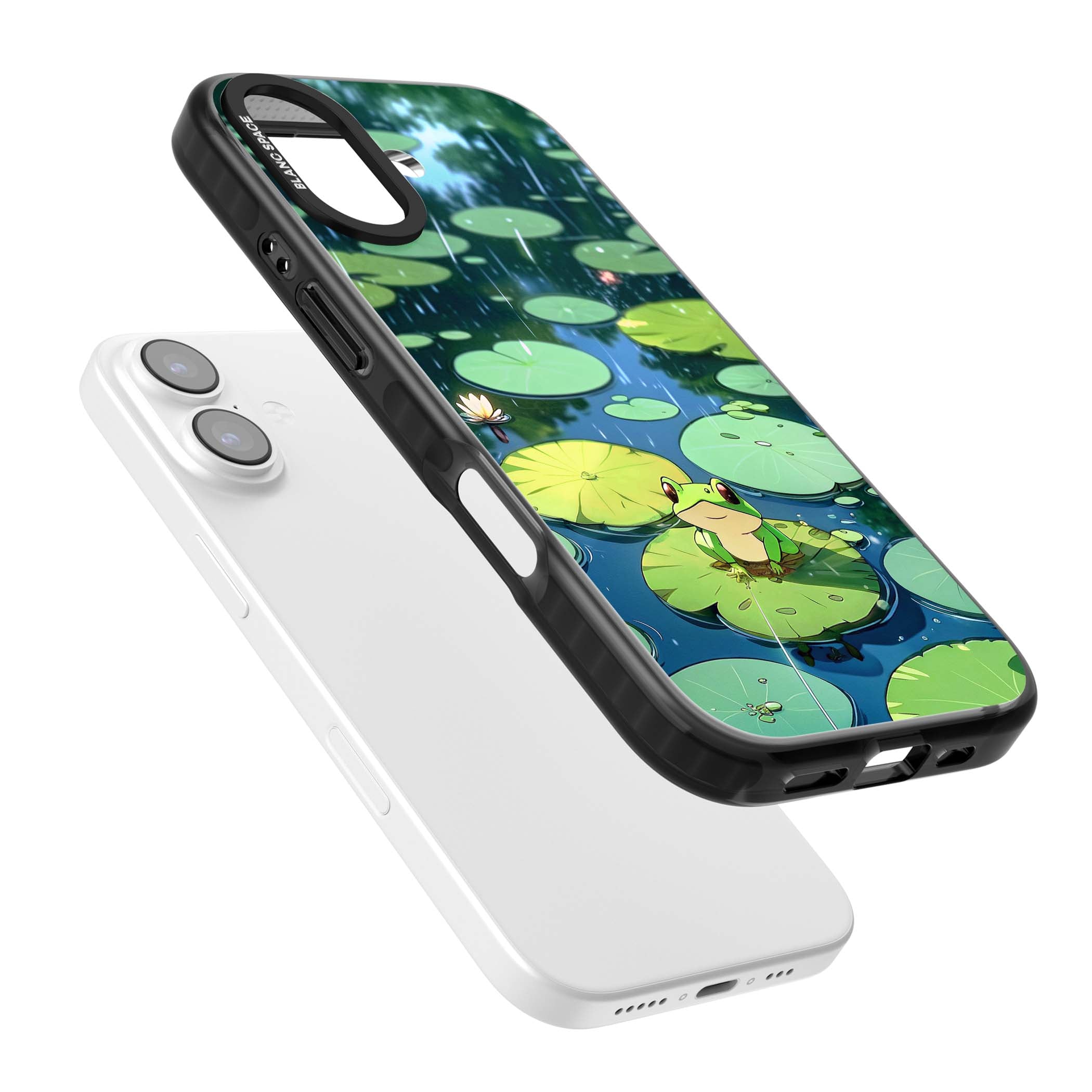 Frog In Lily Pond cottagecore iPhone case featuring a cute green frog on a lily pad with falling rain and a lotus flower | Clear Impact case for iPhone 17