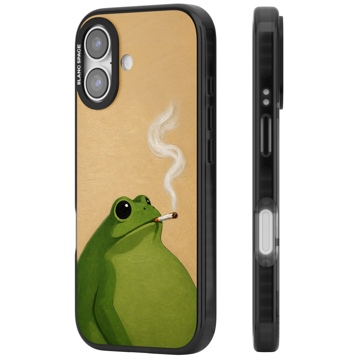 The Smoking Frog iPhone 16 / iPhone 16 Plus / iPhone 17 Impact Black Phone Case side