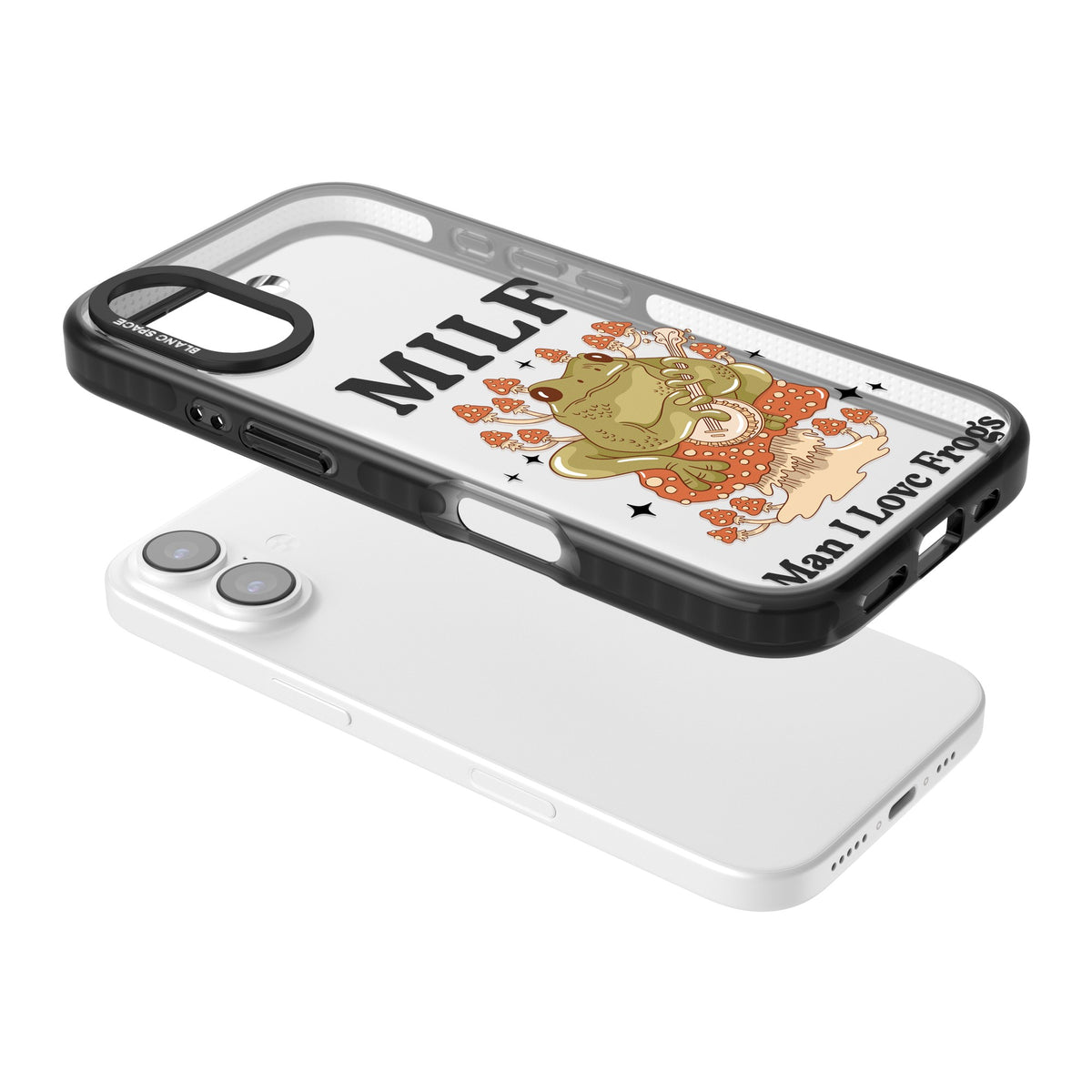 Man I Love Frogs iPhone 16 / iPhone 16 Plus / iPhone 17 Impact Black Phone Case angled