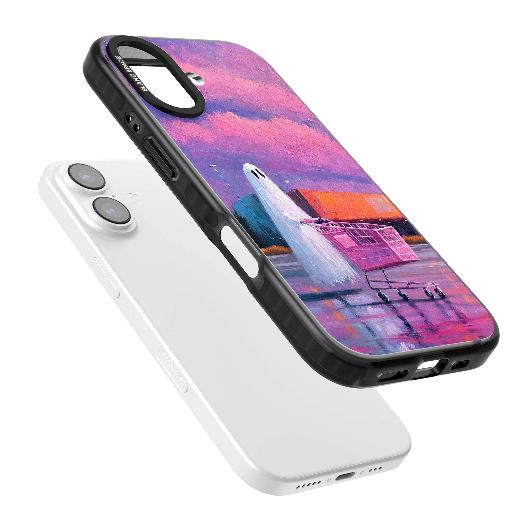 A Ghost's Errand ghost halloween iPhone case featuring a painted ghost, pink shopping trolley and purple sunset sky | Clear Impact case for iPhone 17