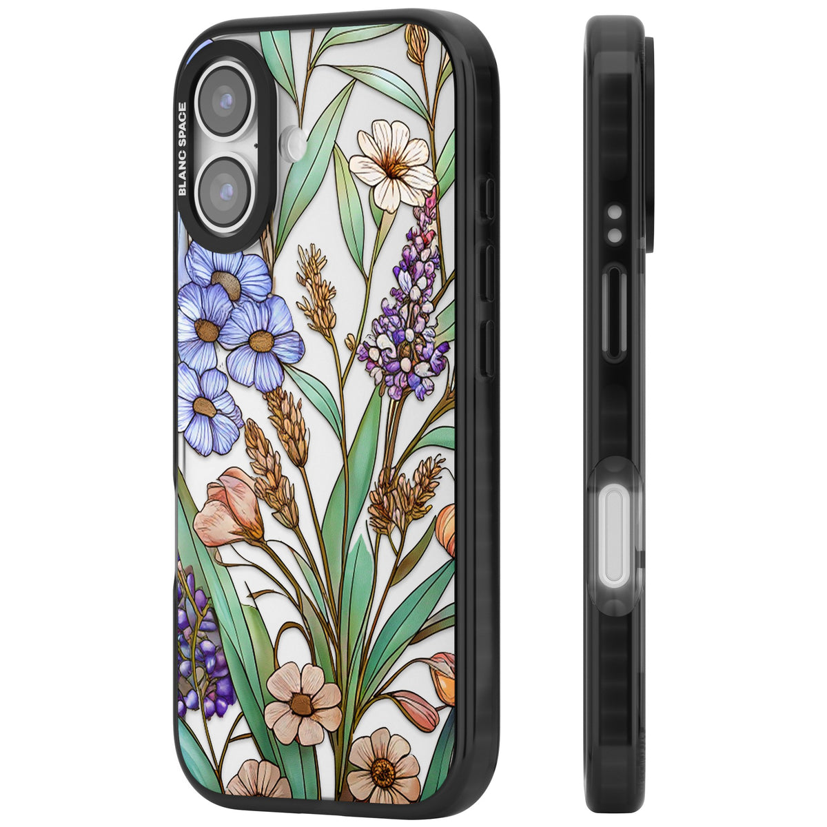 Glass Lavenders & Daisies iPhone 16 / iPhone 16 Plus / iPhone 17 Impact Black Phone Case side