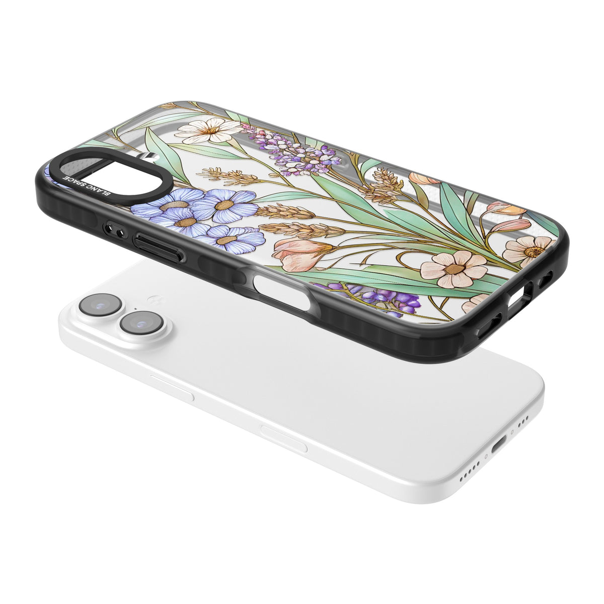 Glass Lavenders & Daisies iPhone 16 / iPhone 16 Plus / iPhone 17 Impact Black Phone Case angled