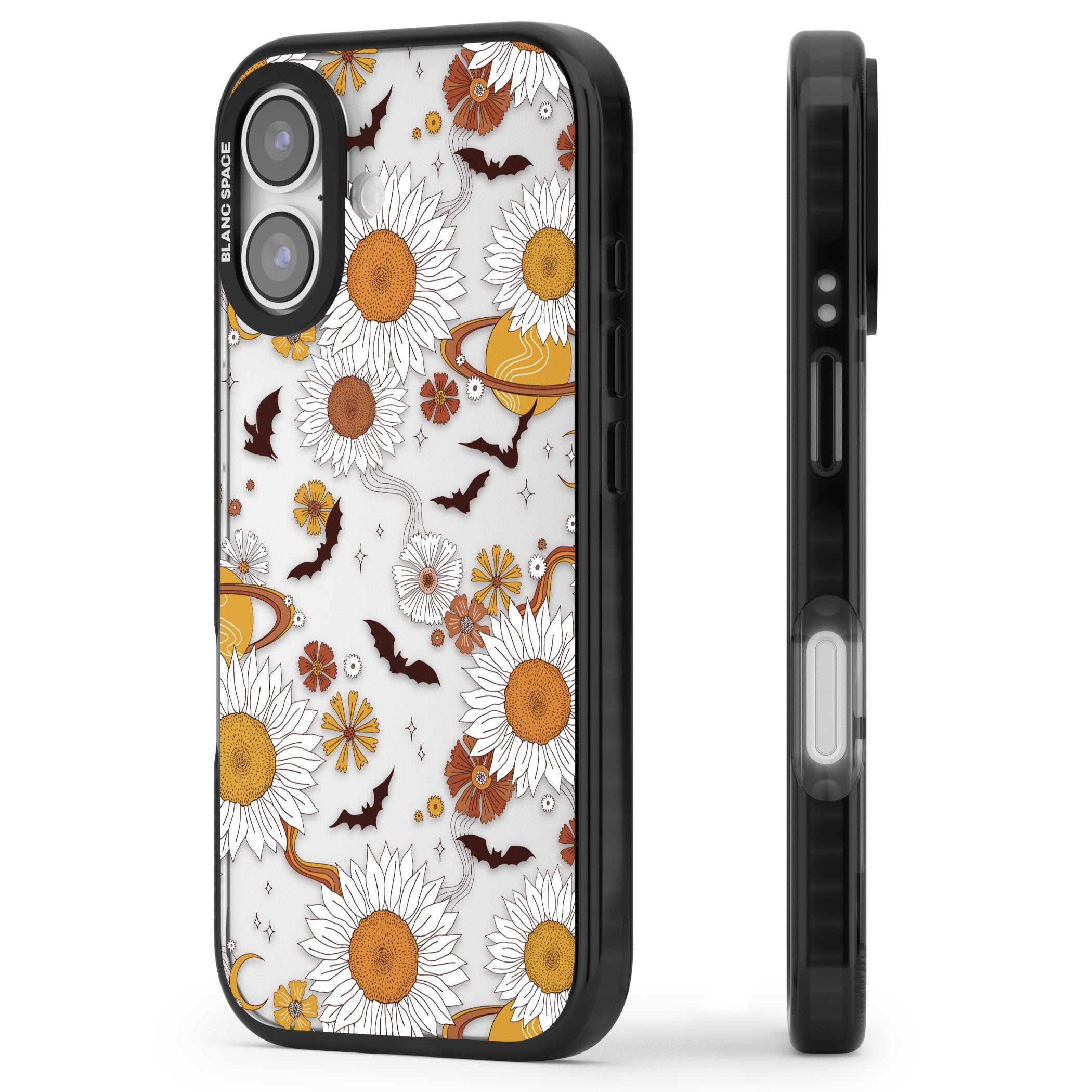 Halloween Bats And Planets iPhone 17 Impact Black Phone Case Side Profile