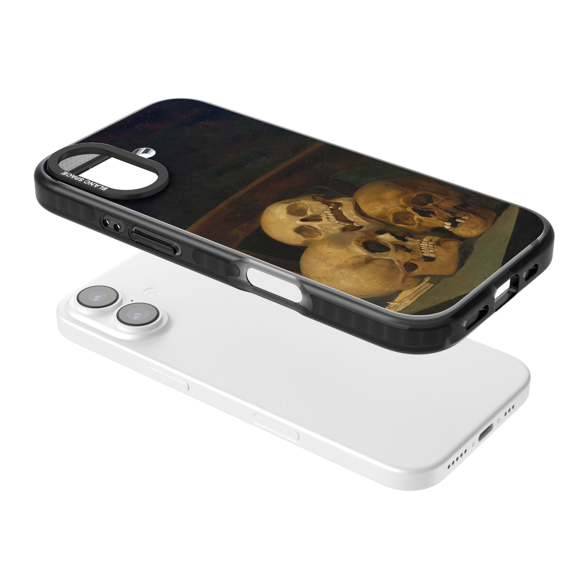 Still Life Of Three Skulls iPhone 16 / iPhone 16 Plus / iPhone 17 Impact Black Phone Case angled