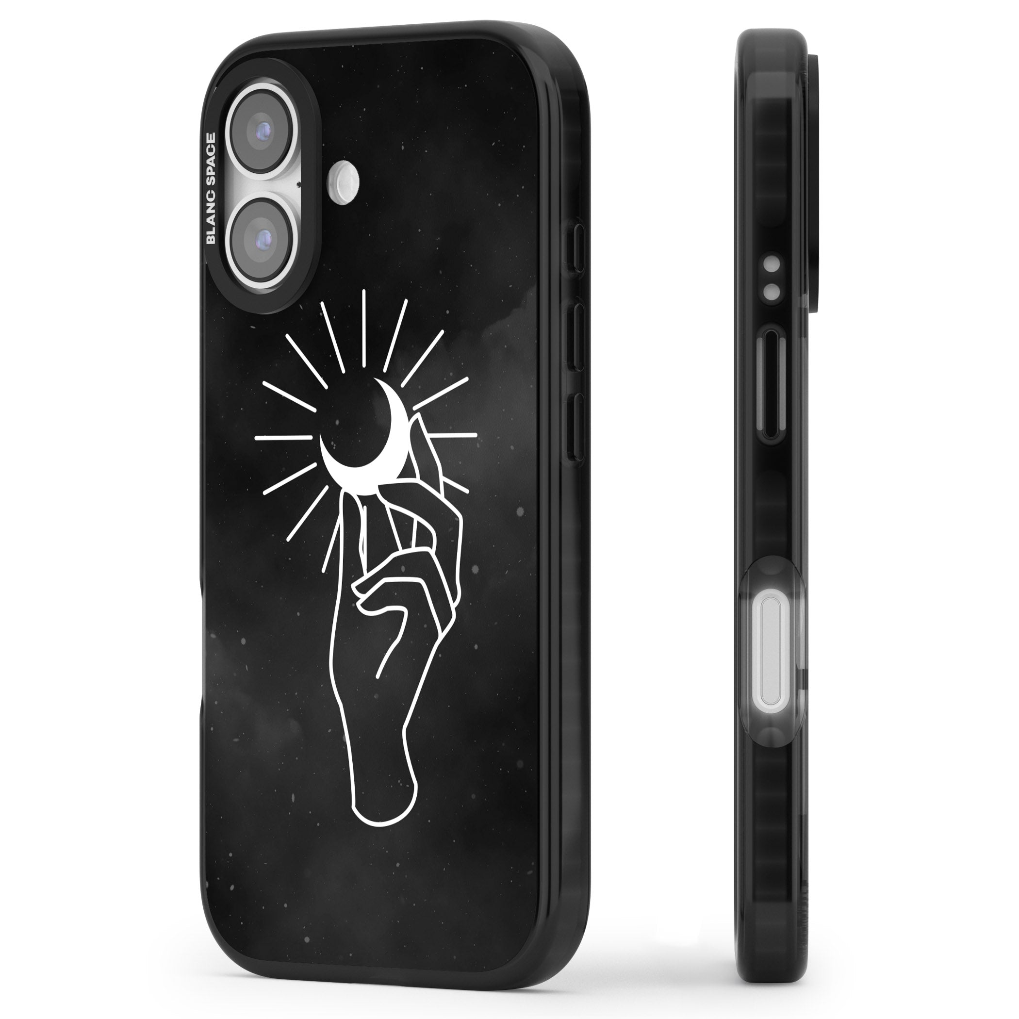 Hand Holding Celestial Moon iPhone 17 Impact Black Phone Case Side Profile