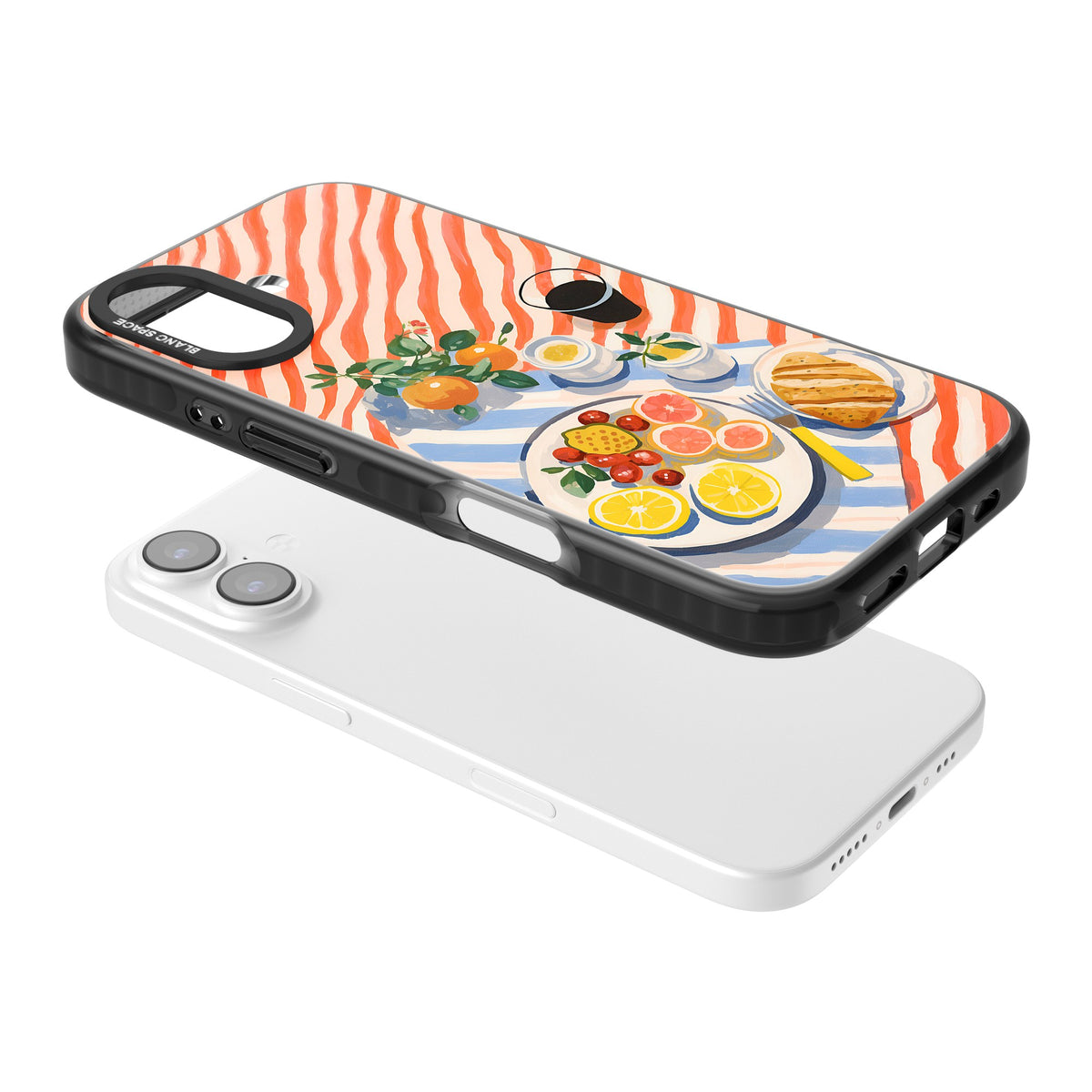 Citrus Picnic iPhone 16 / iPhone 16 Plus / iPhone 17 Impact Black Phone Case angled