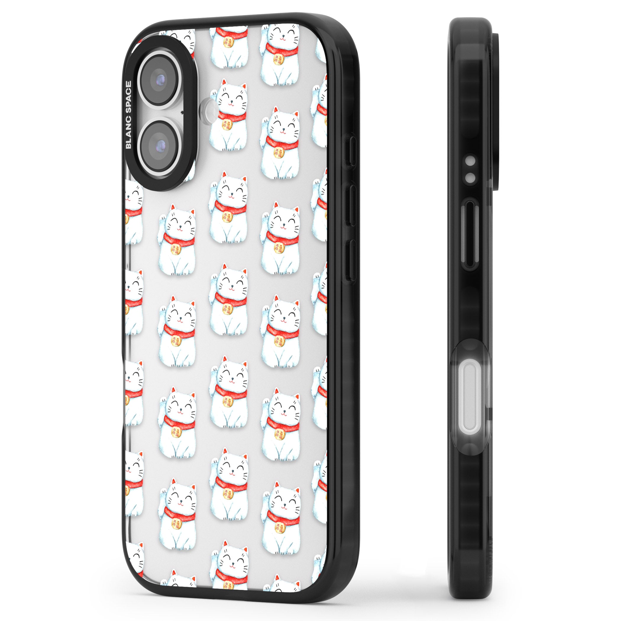 Lucky Cat Pattern iPhone 17 Impact Black Phone Case Side Profile