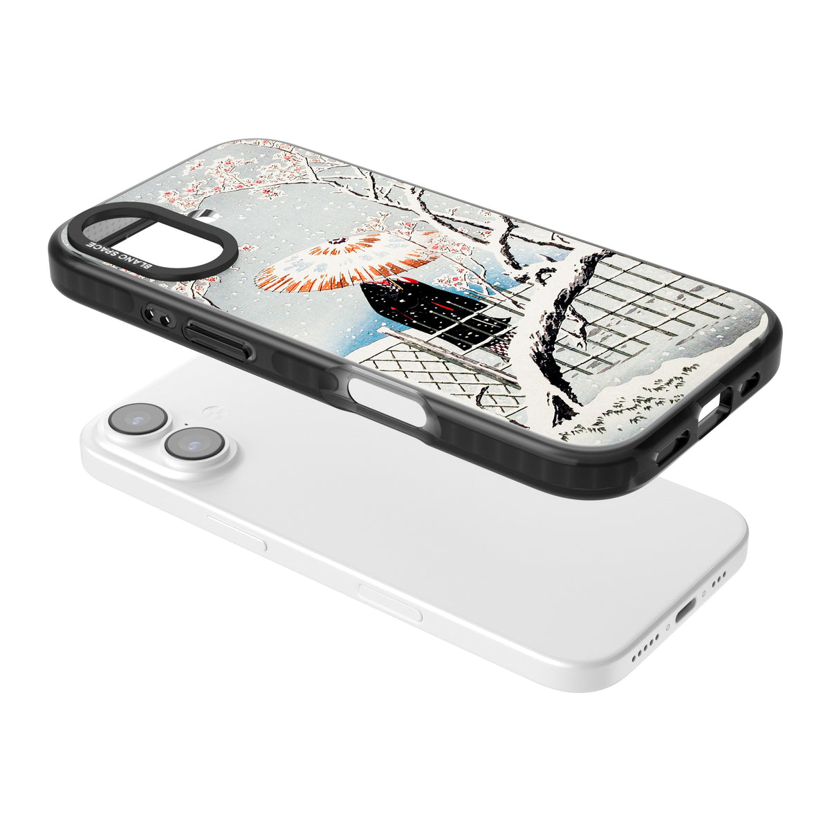 Plum Tree In Snow By Hiroaki Takahashi iPhone 16 / iPhone 16 Plus / iPhone 17 Impact Black Phone Case angled