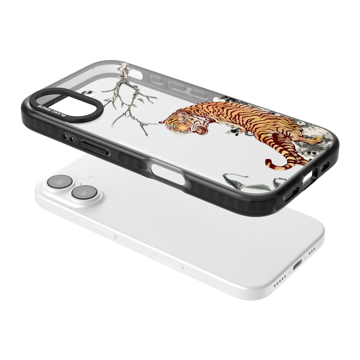 Roaring Tiger iPhone 16 / iPhone 16 Plus / iPhone 17 Impact Black Phone Case angled
