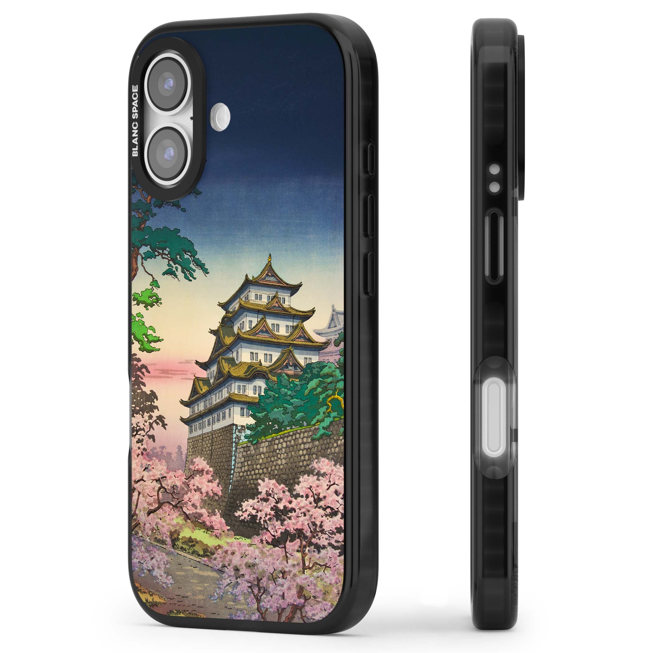 Nagoya Castle Japanese iPhone case featuring a vintage pagoda, twilight sky and cherry blossom trees | Clear Impact case for iPhone 17