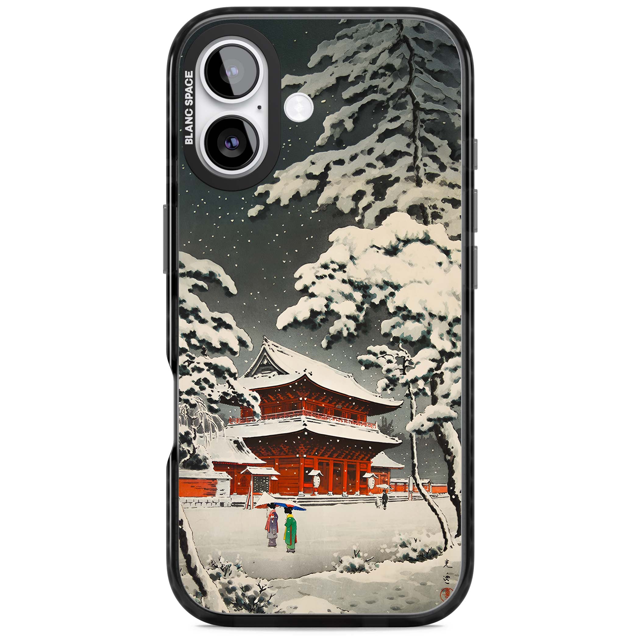 Snow at Shiha Park, Tokyo Japanese art iPhone case featuring a vintage ukiyo-e snowy temple, red pagoda, and snow-covered pin | Clear Impact case for iPhone 17