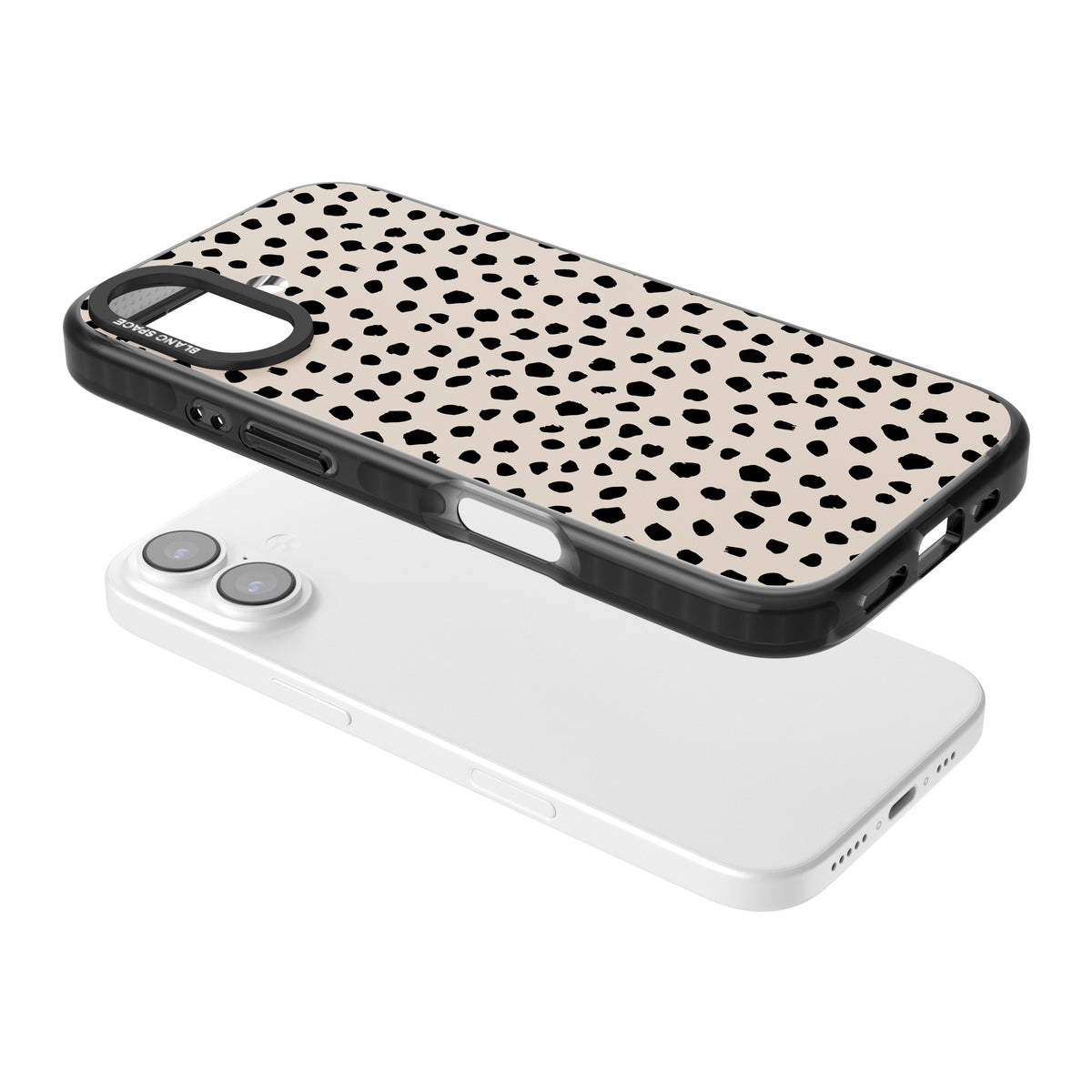 Coffee Dalmatian iPhone 16 / iPhone 16 Plus / iPhone 17 Impact Black Phone Case angled
