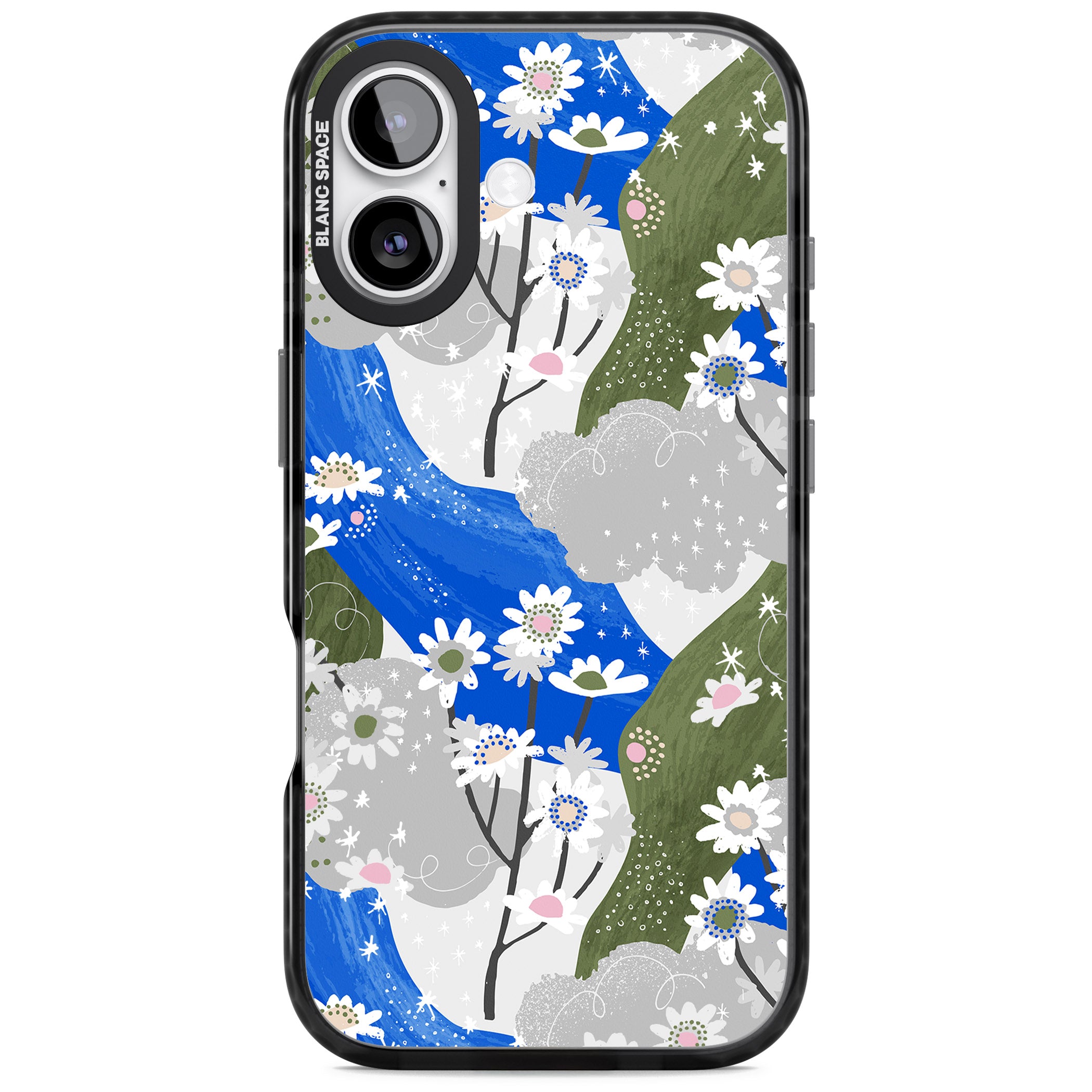 Blue & Grey Daisies Pattern iPhone 17 Impact Pro Black Phone Case