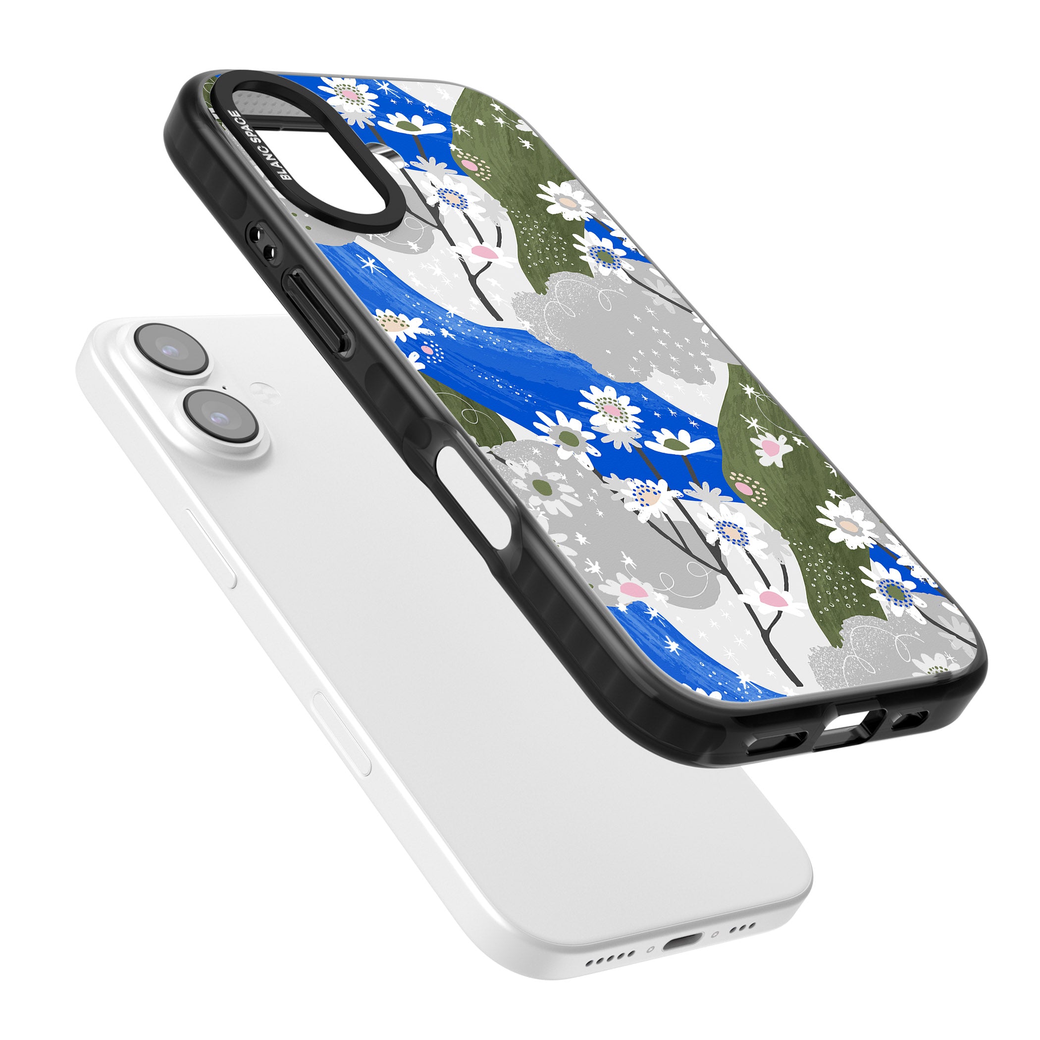 Blue & Grey Daisies Pattern iPhone 17 Impact Pro Black Phone Case Colours