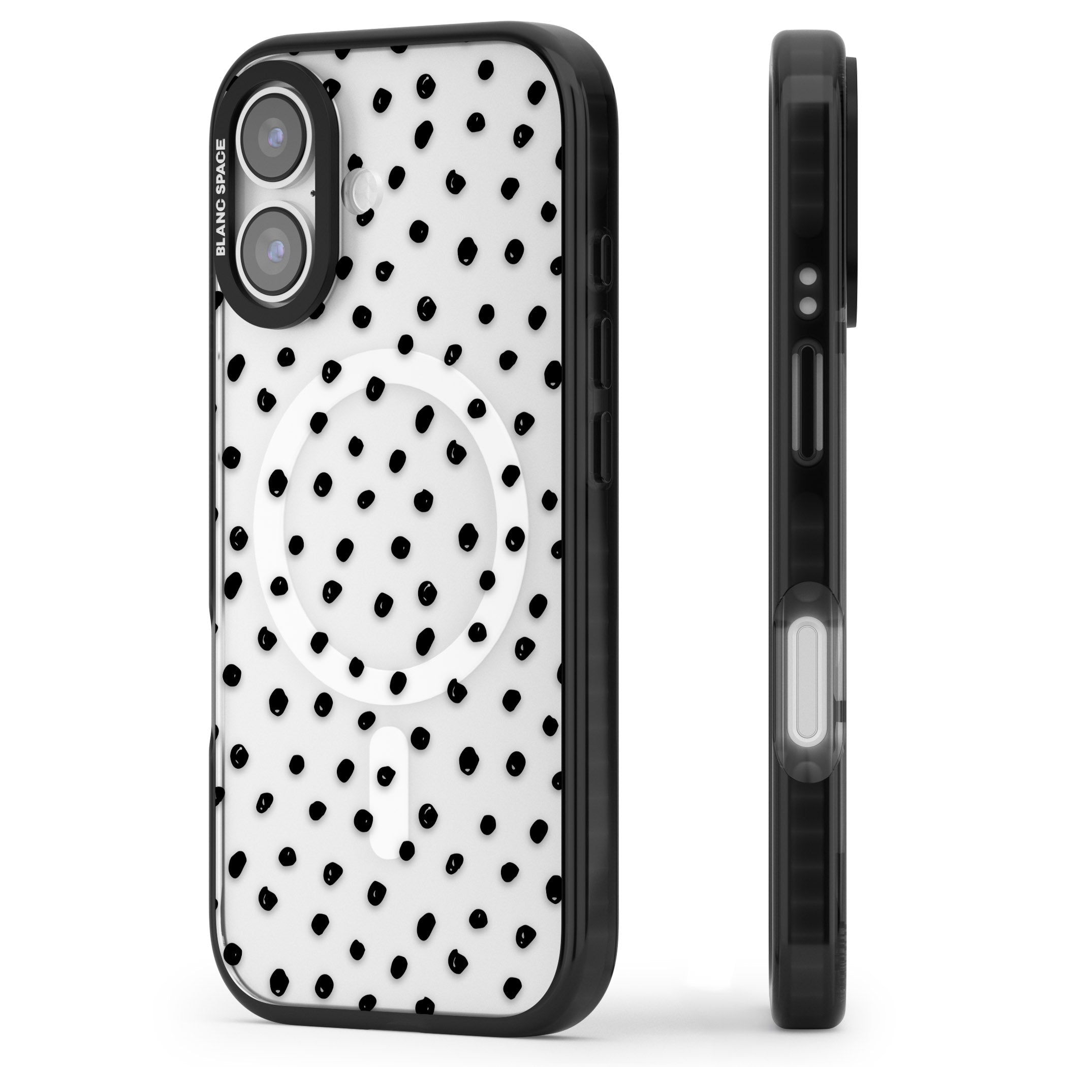 Messy Black Dot Pattern iPhone 17 Impact Pro Black Phone Case Side Profile