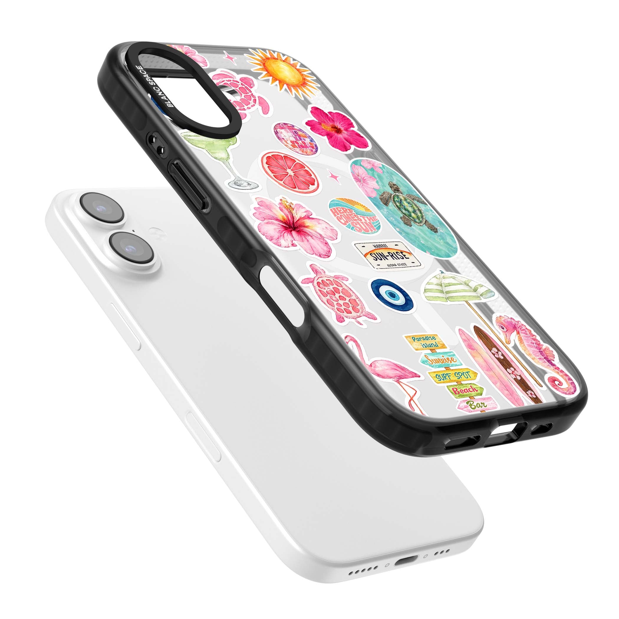 Aloha Sticker Mix tropical summer iPhone case featuring pink hibiscus, sea turtles, flamingo and beach umbrella stickers | Black Impact Magsafe case for iPhone 17