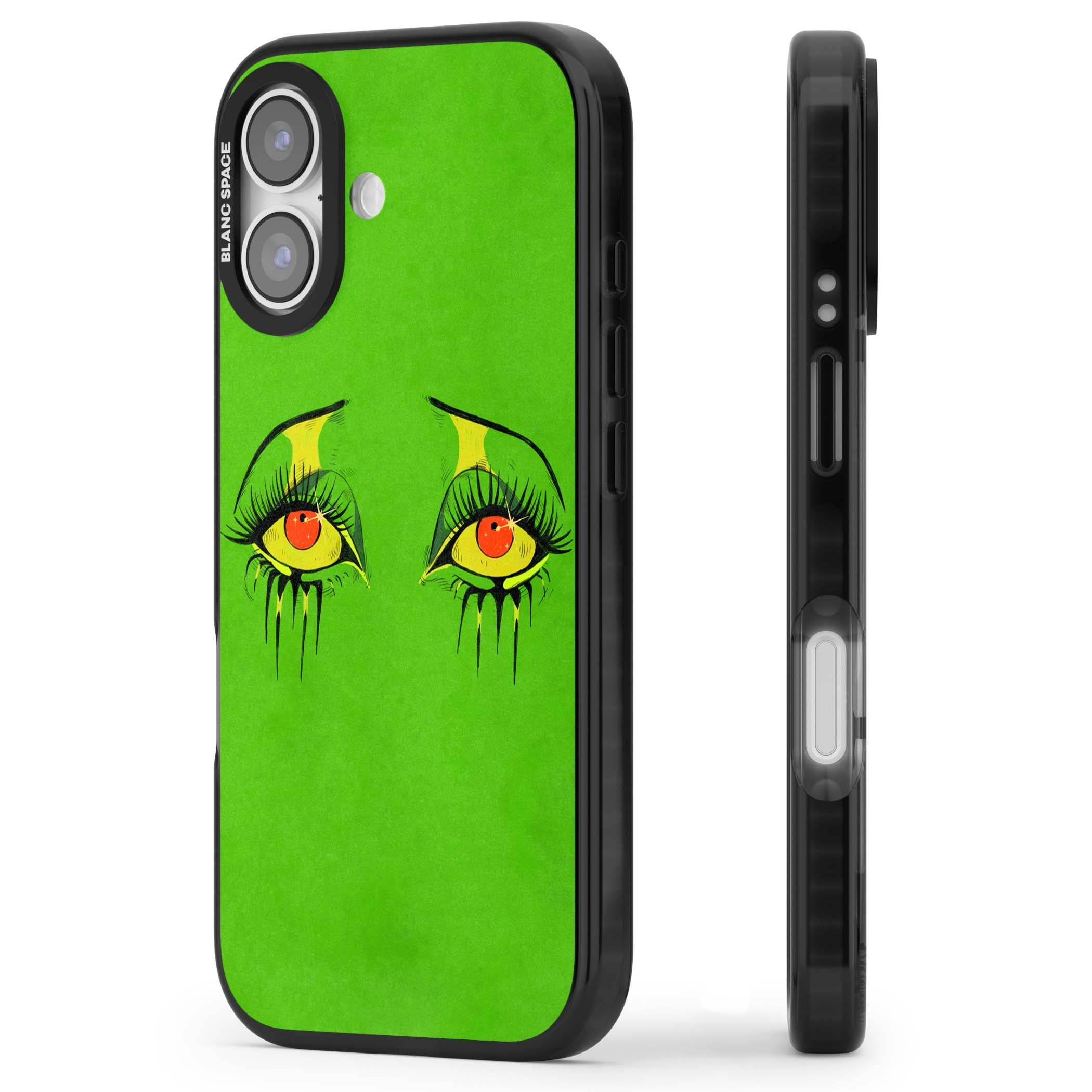 Green Enchanted Eyes psychedelic art iPhone case featuring hand-drawn dripping eyes on neon green background | Black Impact Magsafe case for iPhone 17