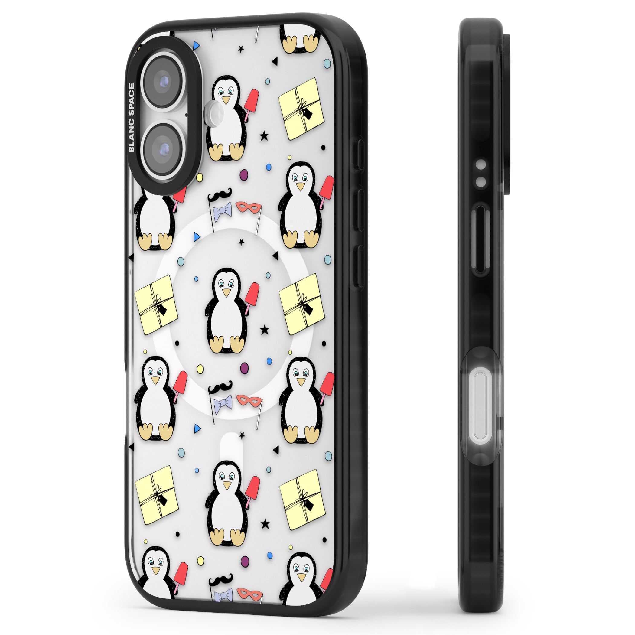 Cute Penguin Pattern Clear iPhone 17 Impact Pro Black Phone Case Side Profile