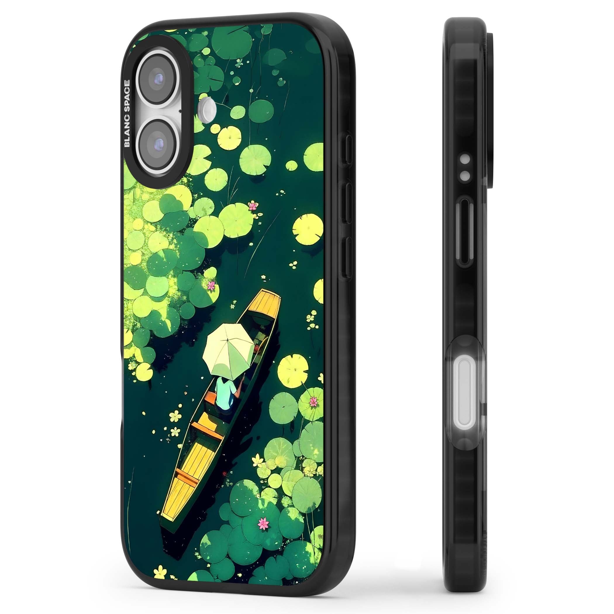 Jade Waters cottagecore iPhone case featuring a painted lily pond, wooden boat with parasol and floating water lilies | Black Impact Magsafe case for iPhone 17