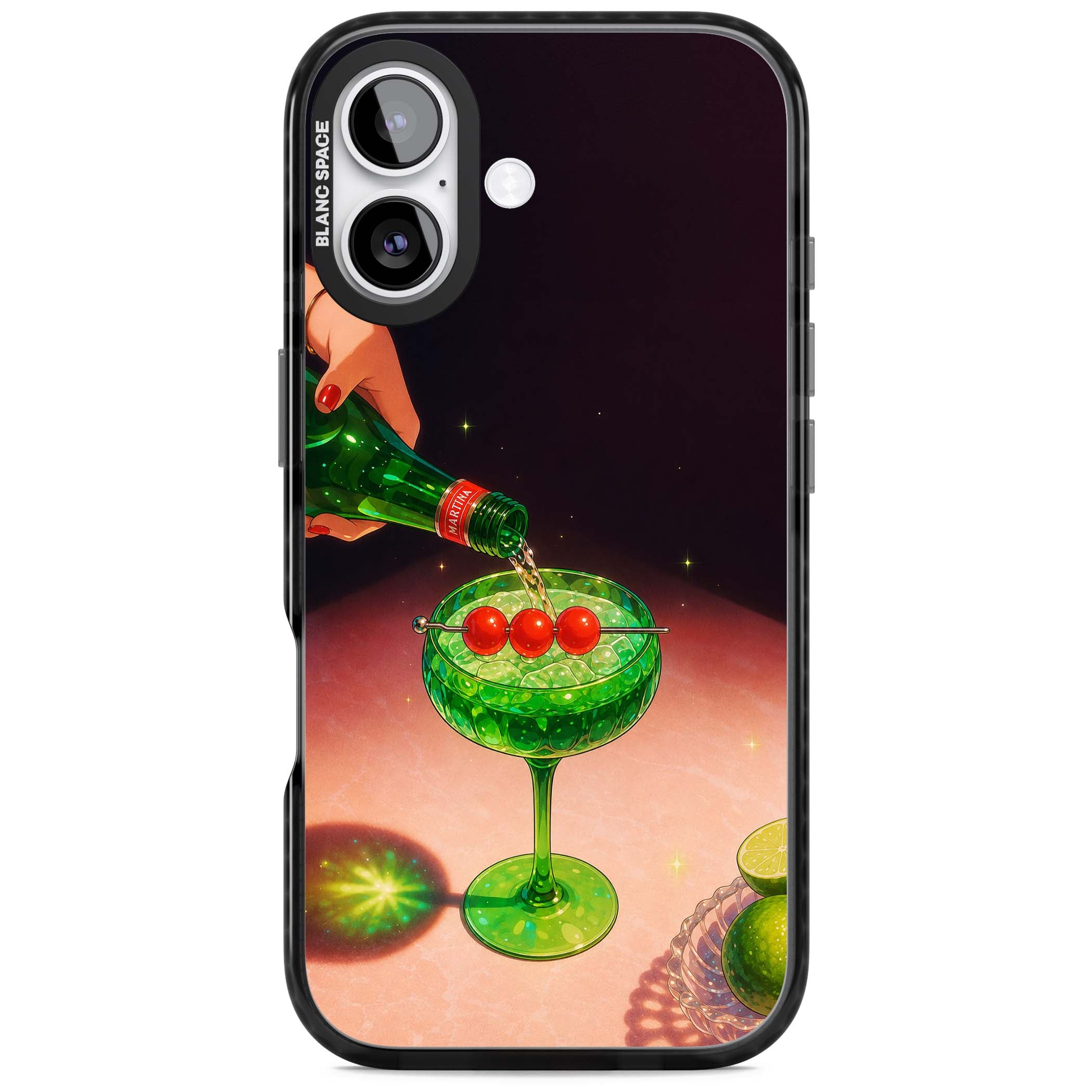 Absinthe Hour cocktail iPhone case featuring a green coupe glass, cherry garnish and vintage bottle pour illustration | Black Impact Magsafe case for iPhone 17