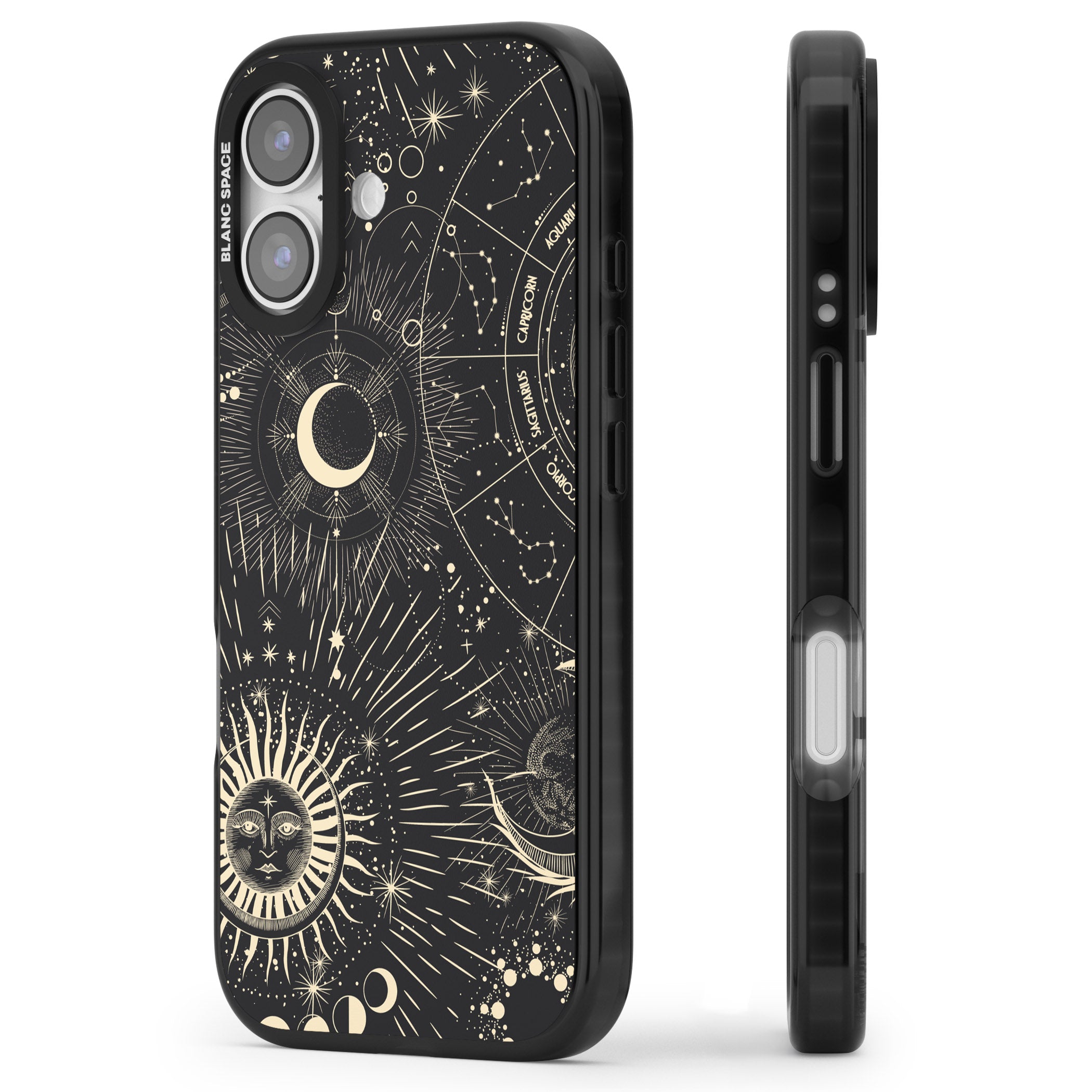 Cosmic Sun & Symbols Zodiac iPhone 17 Impact Pro Black Phone Case Side Profile