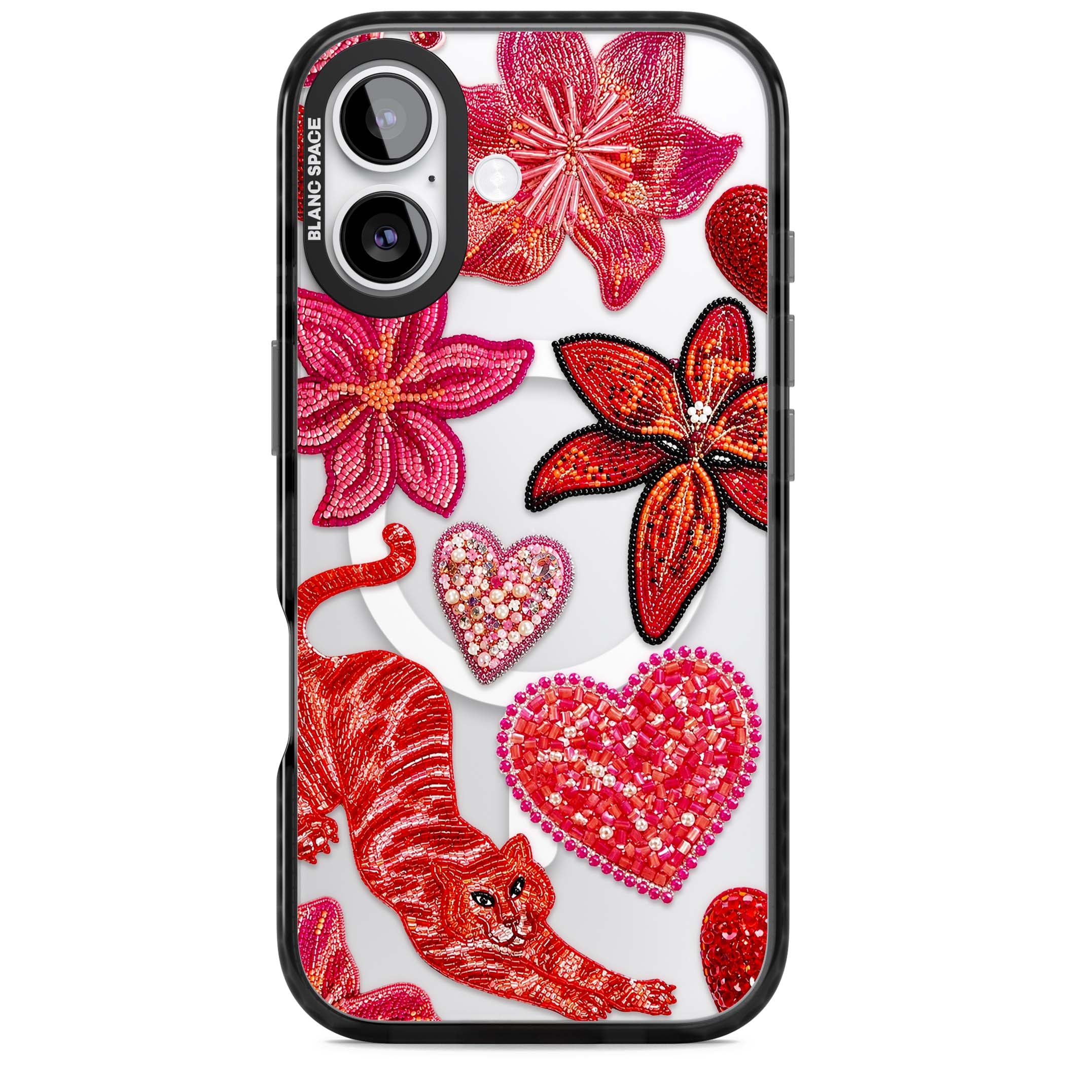 Beaded Boho floral iPhone case featuring beaded red lilies, a stitched tiger, and pearl-encrusted hearts on clear | Black Impact Magsafe case for iPhone 17