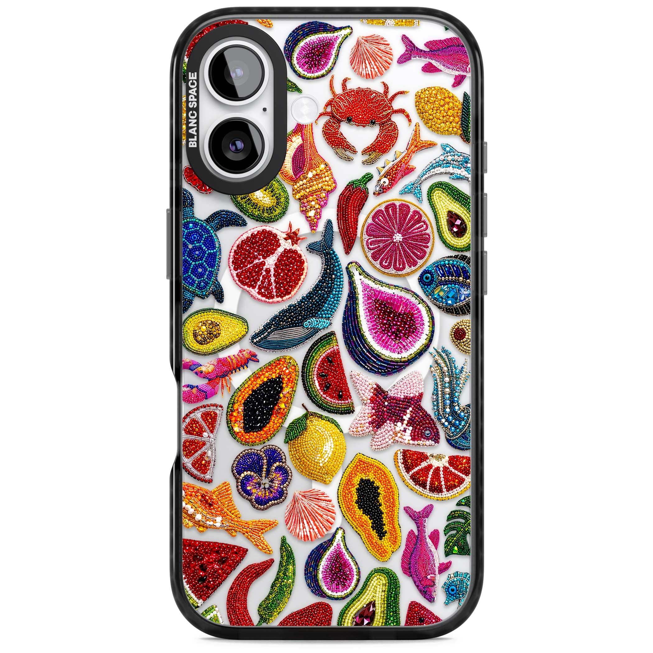 Beaded Tropic tropical iPhone case featuring beaded fruit, fish, crabs and seashells in vibrant colour | Black Impact Magsafe case for iPhone 17