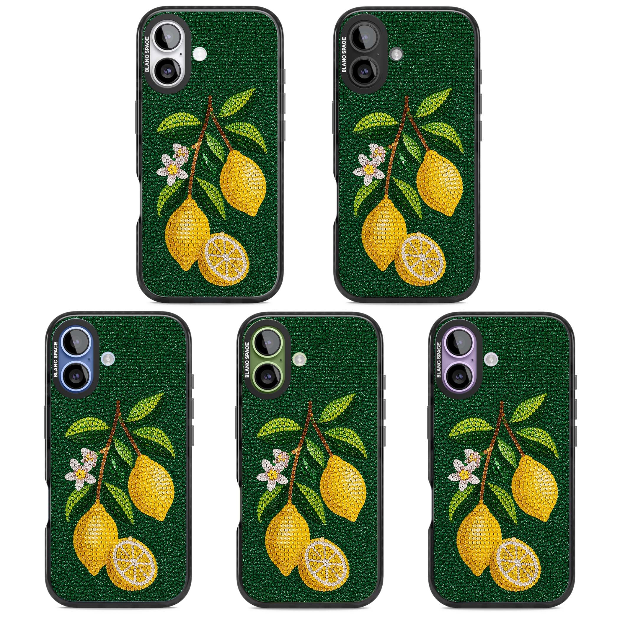 Beaded Lemons coastal iPhone case featuring crystal-beaded lemons, citrus blossom and green leaves on emerald ground | Black Impact Magsafe case for iPhone 17