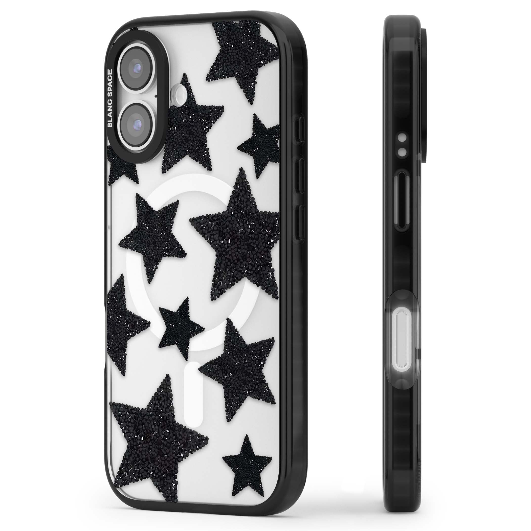 Beaded Black Stars celestial iPhone case featuring black glitter beaded stars scattered on a clear background | Black Impact Magsafe case for iPhone 17