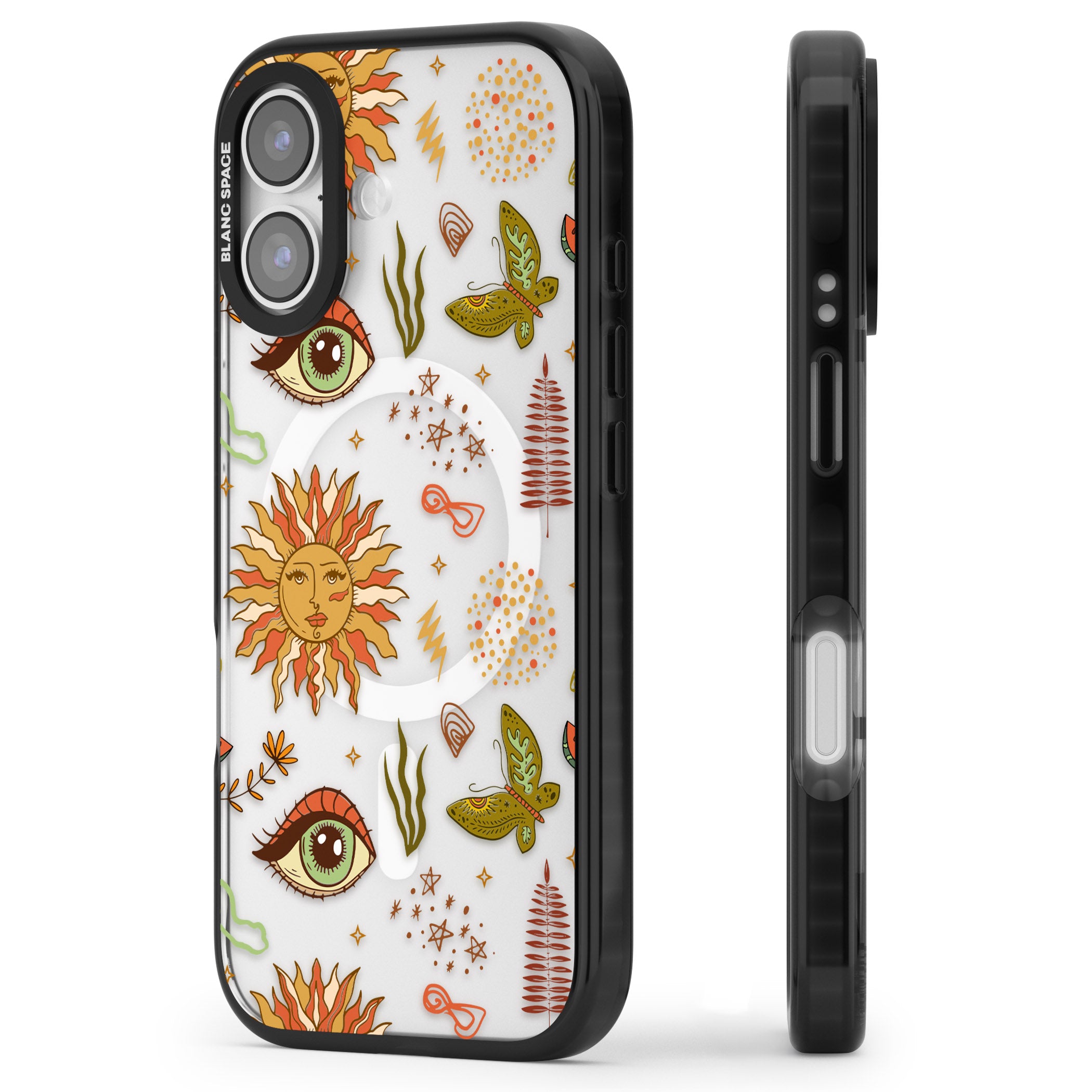 Boho Celestial Sun & Eye Pattern iPhone 17 Impact Pro Black Phone Case Side Profile