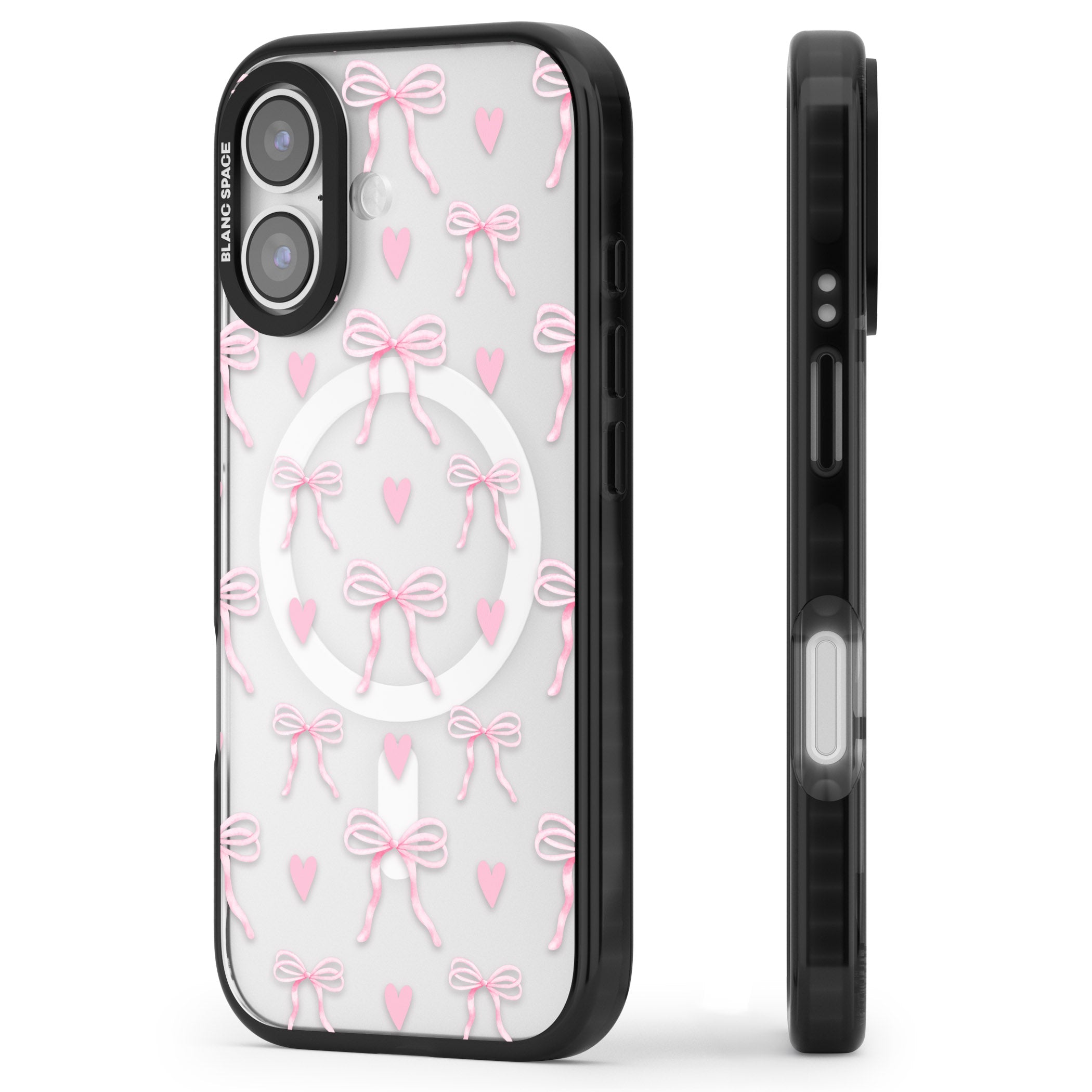 Pink Bows & Hearts iPhone 17 Impact Pro Black Phone Case Side Profile