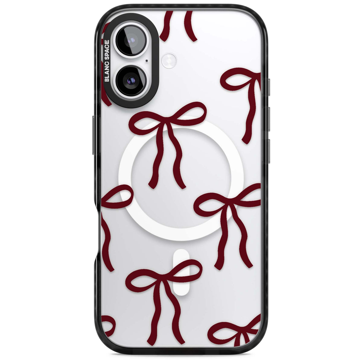 Burgundy Bows coquette iPhone case featuring hand-drawn burgundy red bows on a clear background | Black Impact Magsafe case for iPhone 17