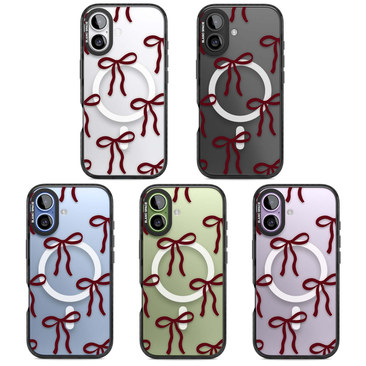 Burgundy Bows coquette iPhone case featuring hand-drawn burgundy red bows on a clear background | Black Impact Magsafe case for iPhone 17