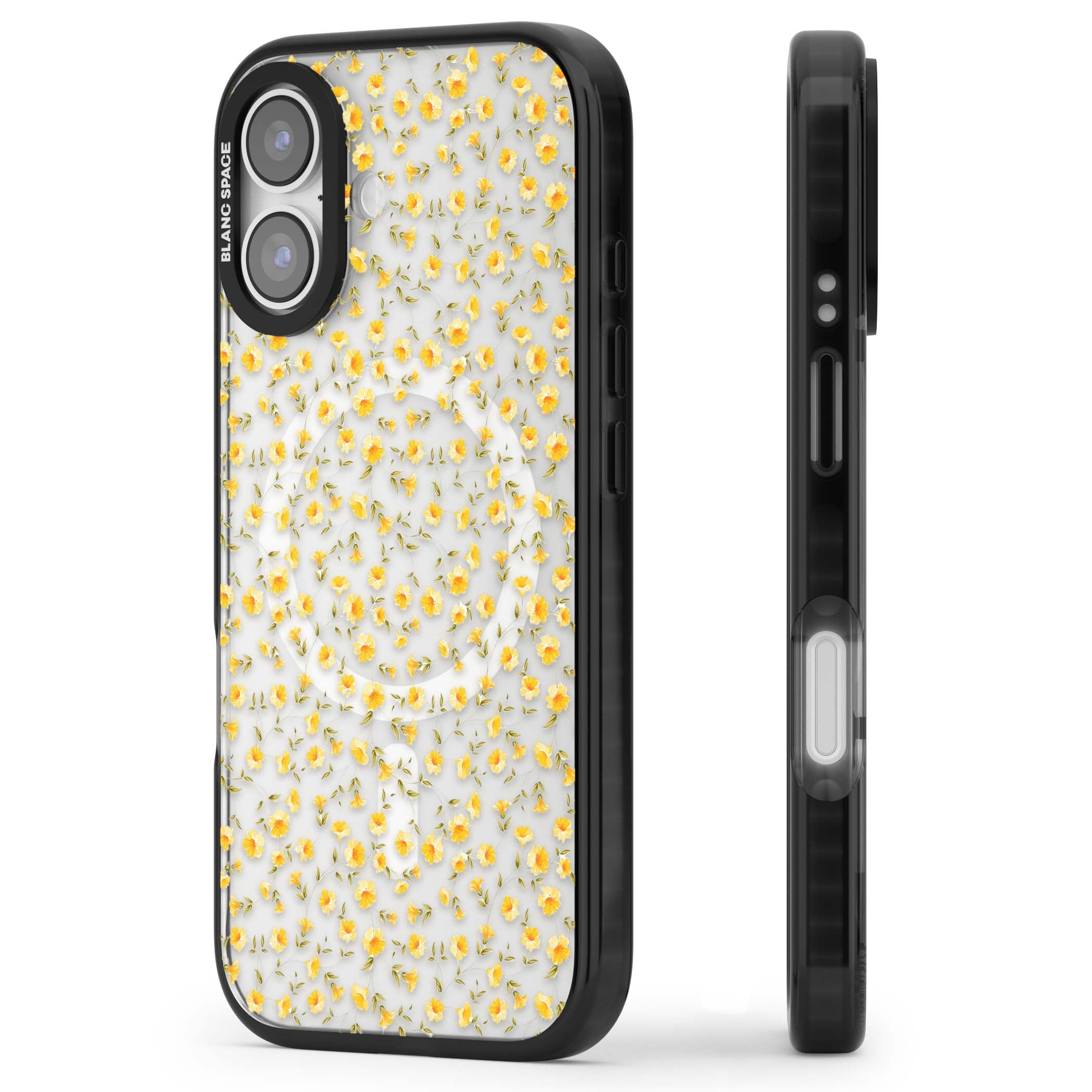 Buttercup wildflower iPhone case featuring tiny yellow flowers and trailing green vines on clear | Black Impact Magsafe case for iPhone 17