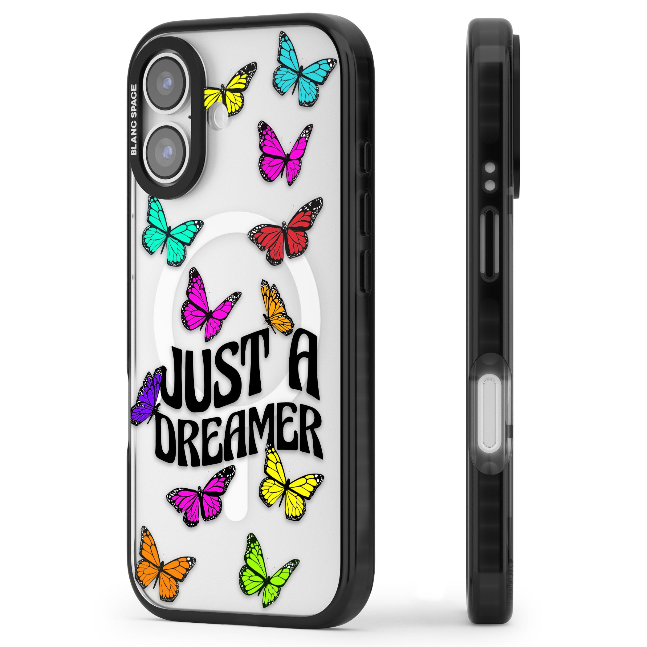 Just A Dreamer Butterfly iPhone 17 Impact Pro Black Phone Case Side Profile