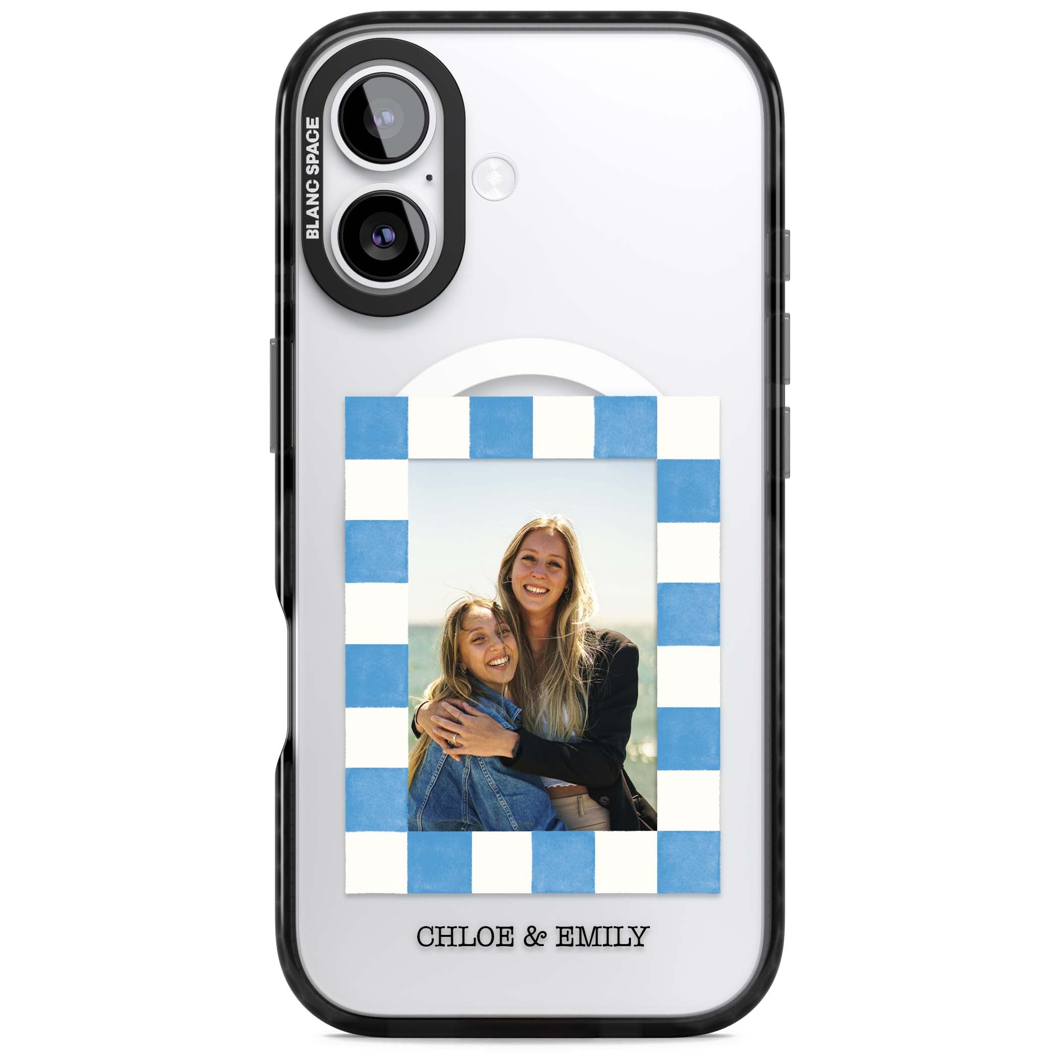 Blue Check Photo personalised photo iPhone case with blue checkered frame and custom couple names | Black Impact Magsafe case for iPhone 17