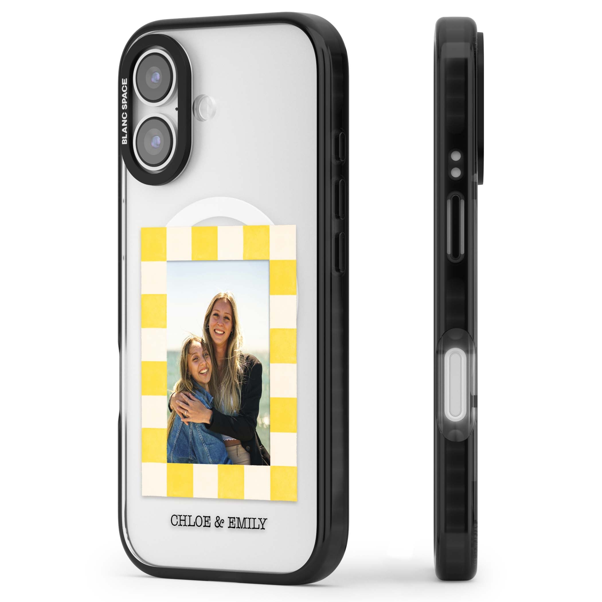 Yellow Check Photo personalised iPhone case with yellow checkered Polaroid frame and custom names beneath | Black Impact Magsafe case for iPhone 17