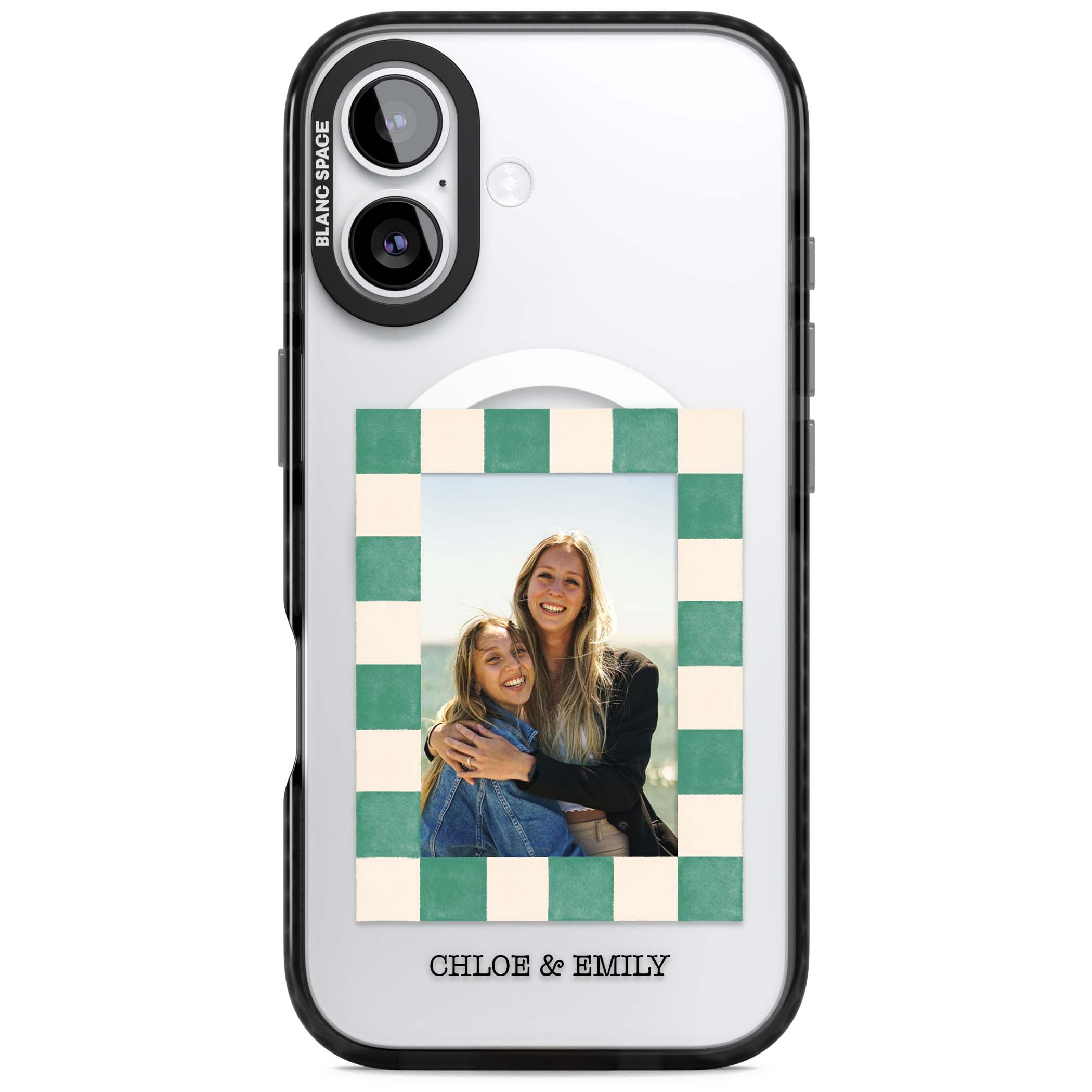 Seafoam Check Photo personalised iPhone case featuring a custom polaroid photo, green and cream checkered frame, and custom n | Black Impact Magsafe case for iPhone 17