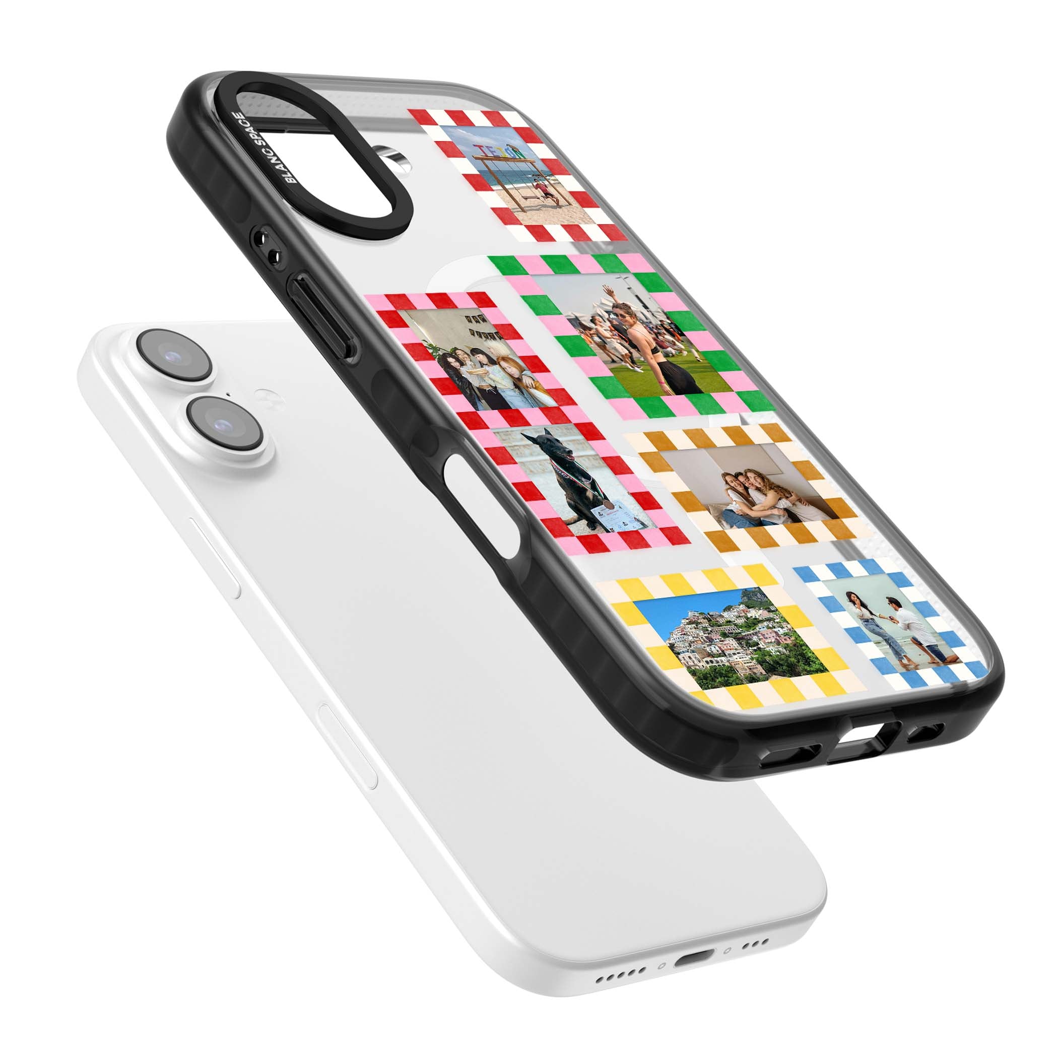 Italian Check Frames custom photo collage iPhone case featuring six checkered photo frames in red, green, pink and | Black Impact Magsafe case for iPhone 17