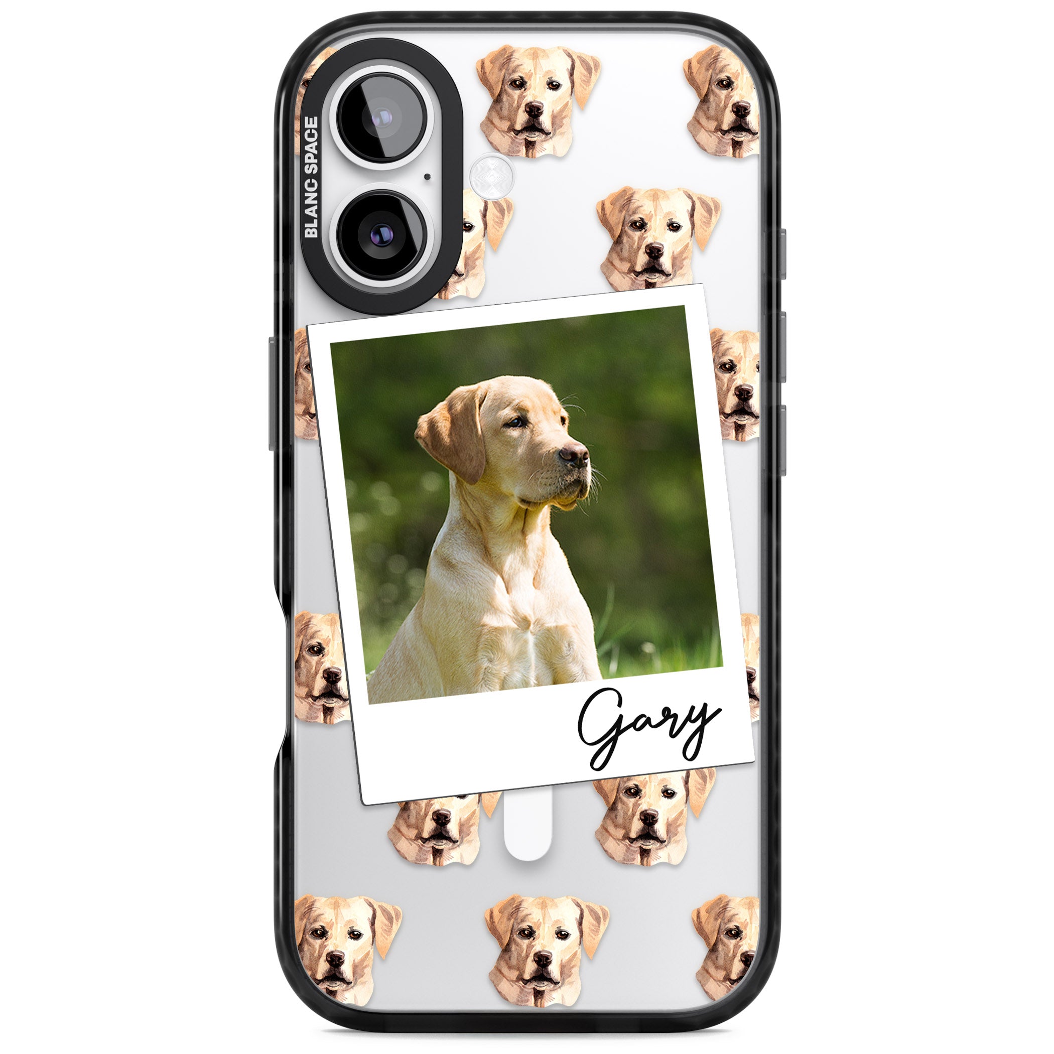 Personalised Tan Black Labrador Instant Camera Photo iPhone 17 Impact Pro Black Phone Case