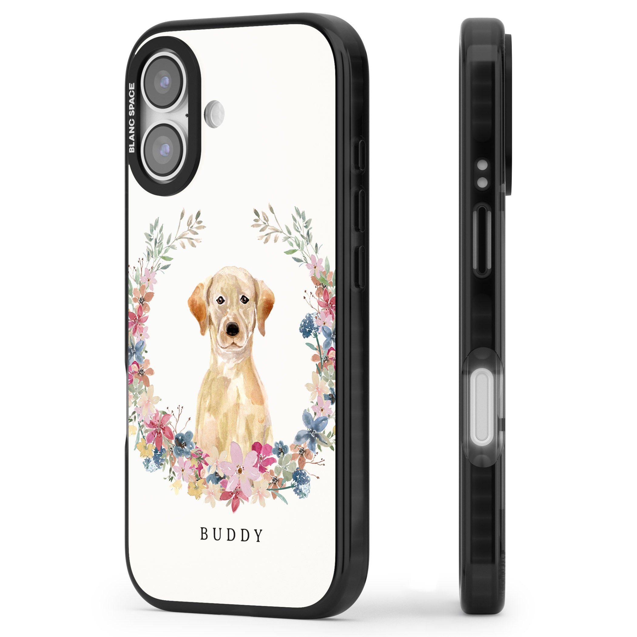 Personalised Yellow Labrador Retriever Floral Portrait iPhone 17 Impact Pro Black Phone Case Side Profile