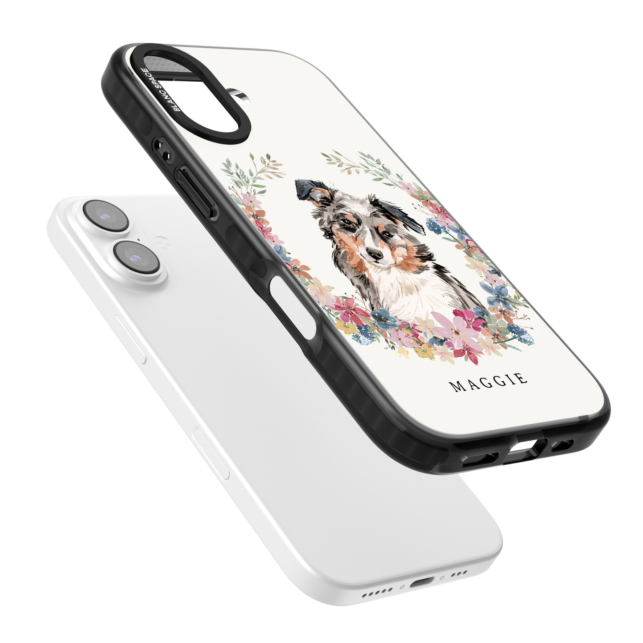 Personalised Australian Shepherd Floral Portrait iPhone 17 Impact Pro Black Phone Case Colours