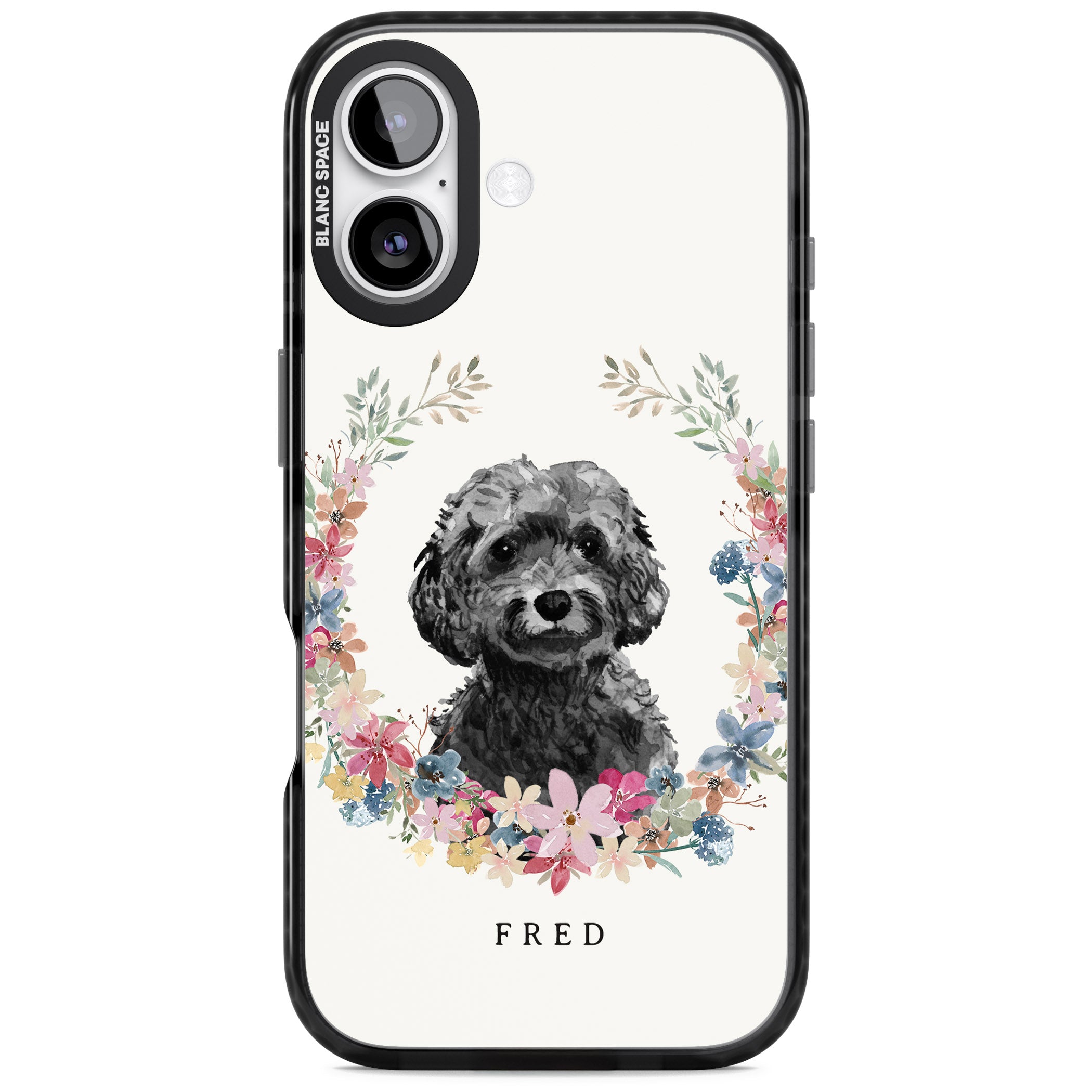 Personalised Black Cockapoo Floral Portrait iPhone 17 Impact Pro Black Phone Case